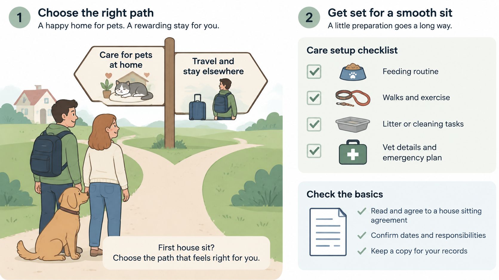 A helpful infographic showing two steps to prepare for a house sitting experience with pets and owners.