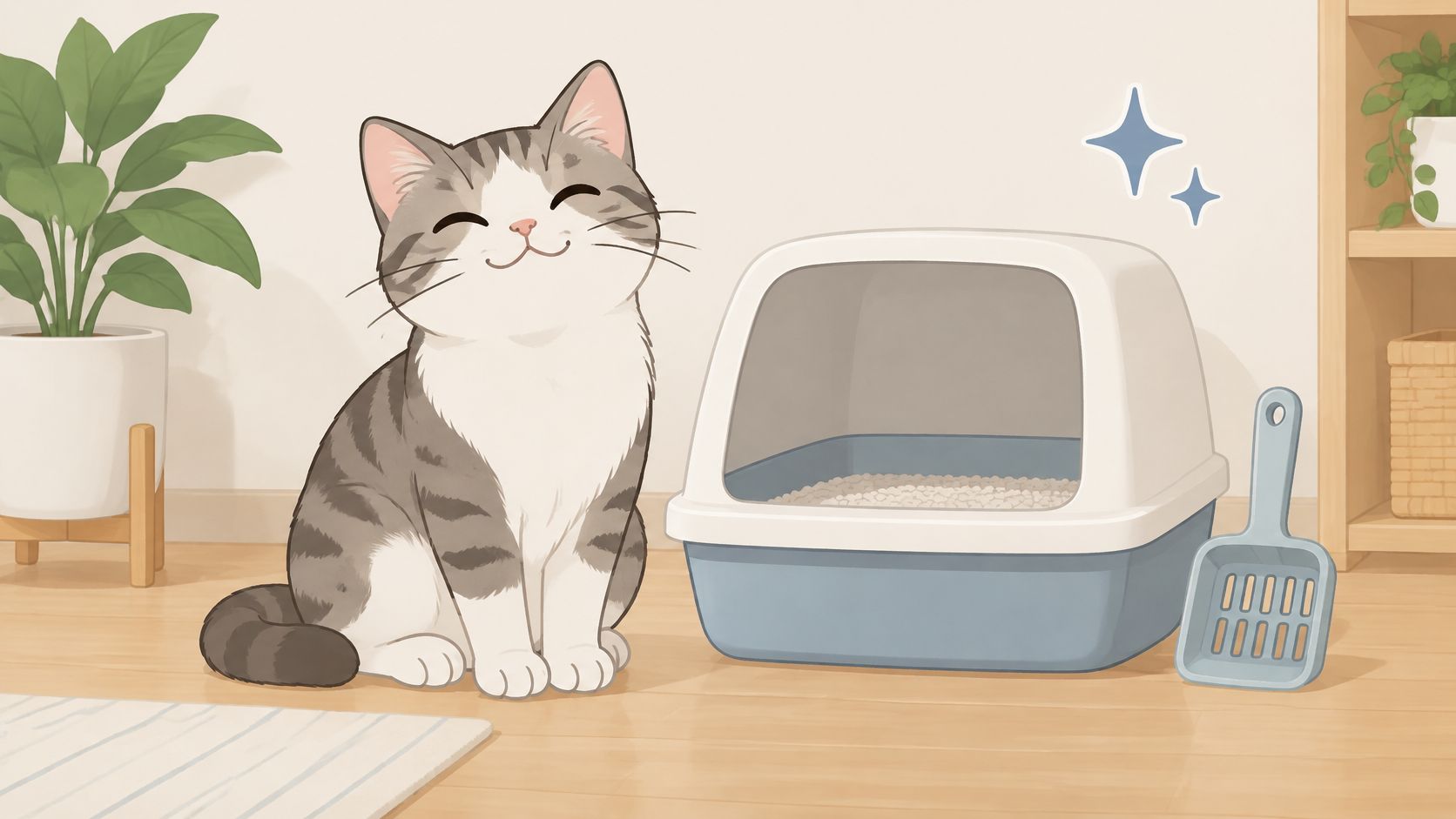 A happy tabby cat sitting next to a clean cat litter box and a scoop in a room.