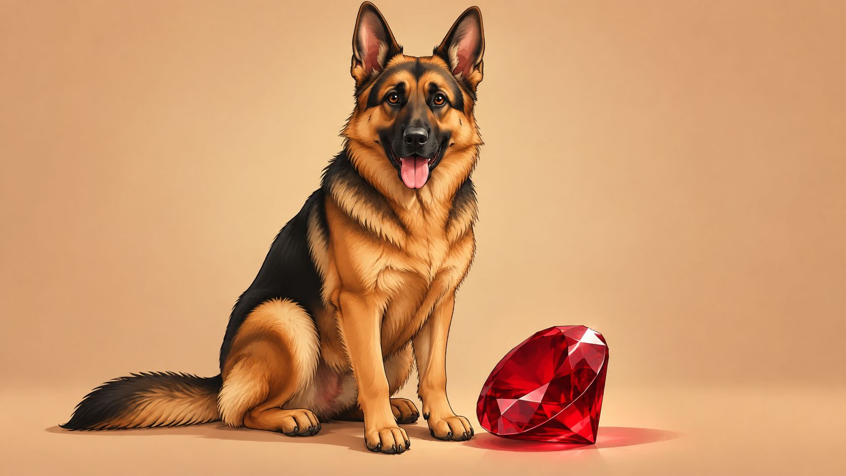 A happy German Shepherd dog sits next to a large, sparkling, brilliant red ruby gemstone.