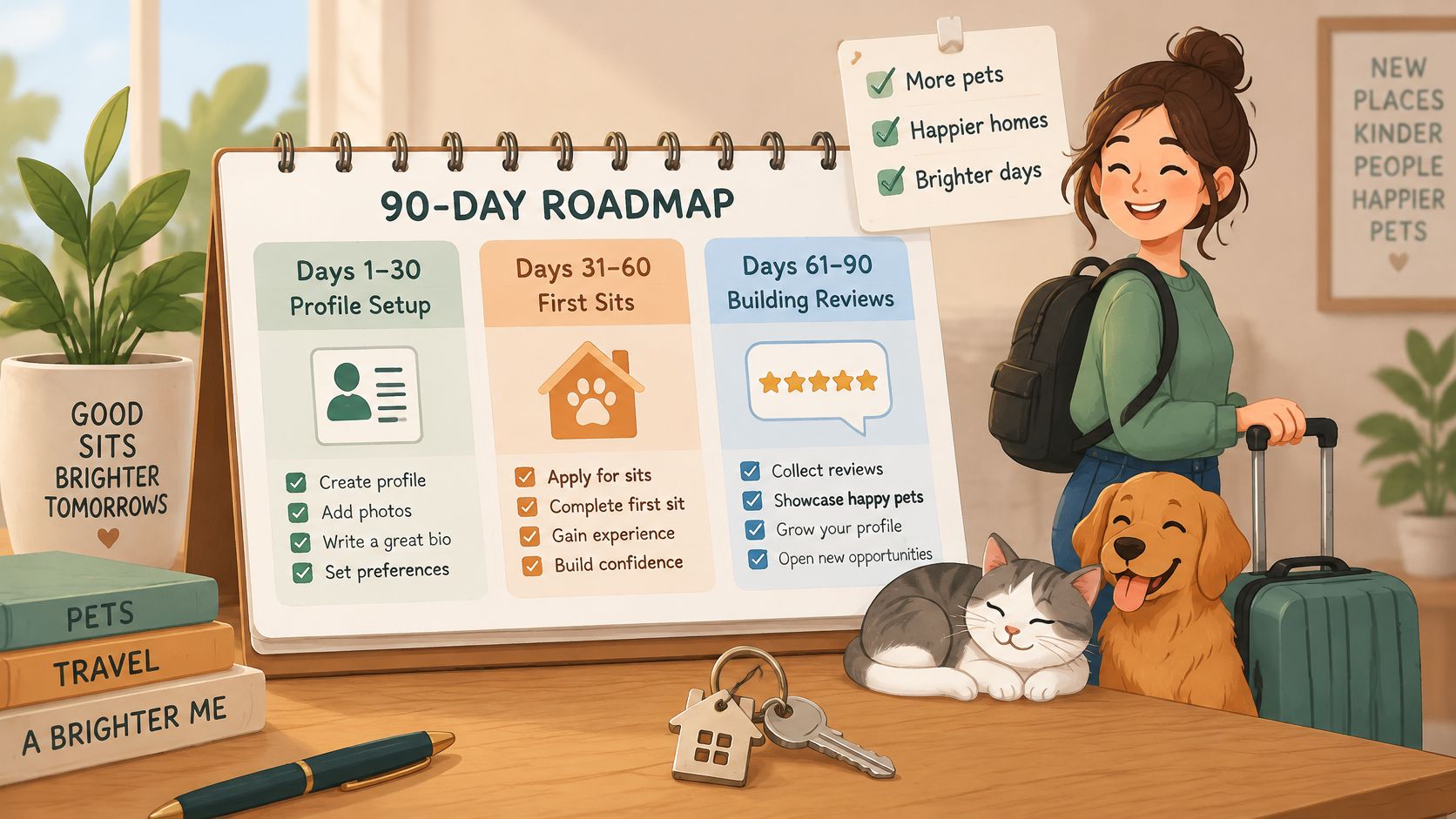 A cheerful woman with a cat and dog holding a suitcase next to a 90-day roadmap.