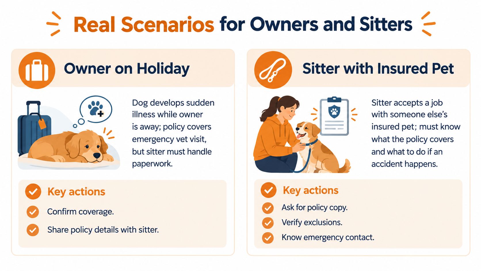 An infographic showing real-life pet insurance scenarios for pet owners traveling and pet sitters caring for insured pets.