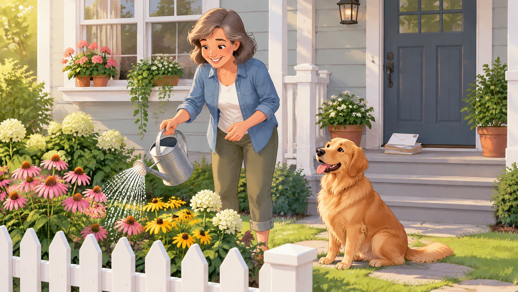A smiling woman watering flowers in her front yard while a golden retriever dog sits nearby.
