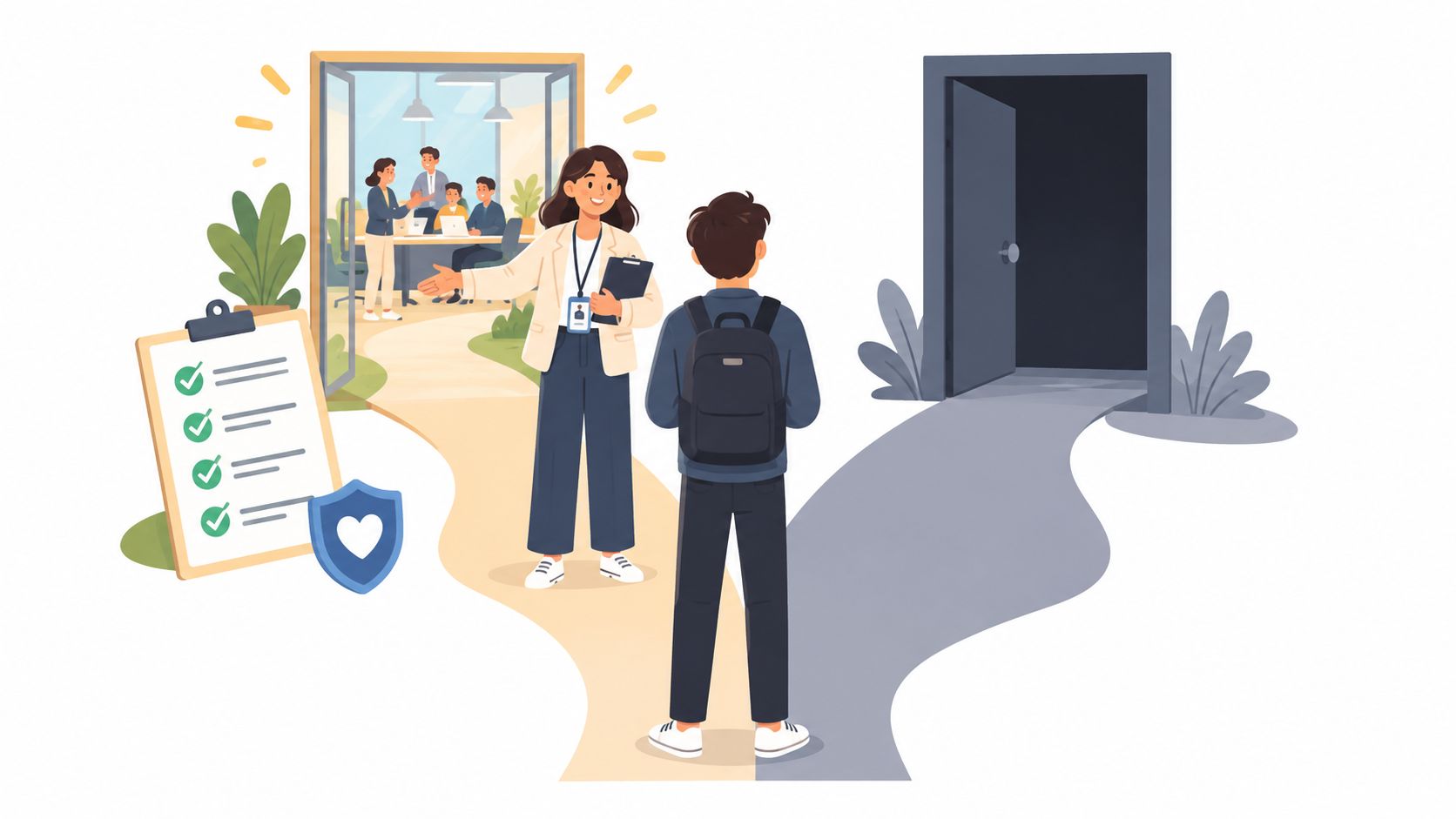 A professional mentor guiding a student toward a bright, welcoming office environment representing a successful onboarding process.
