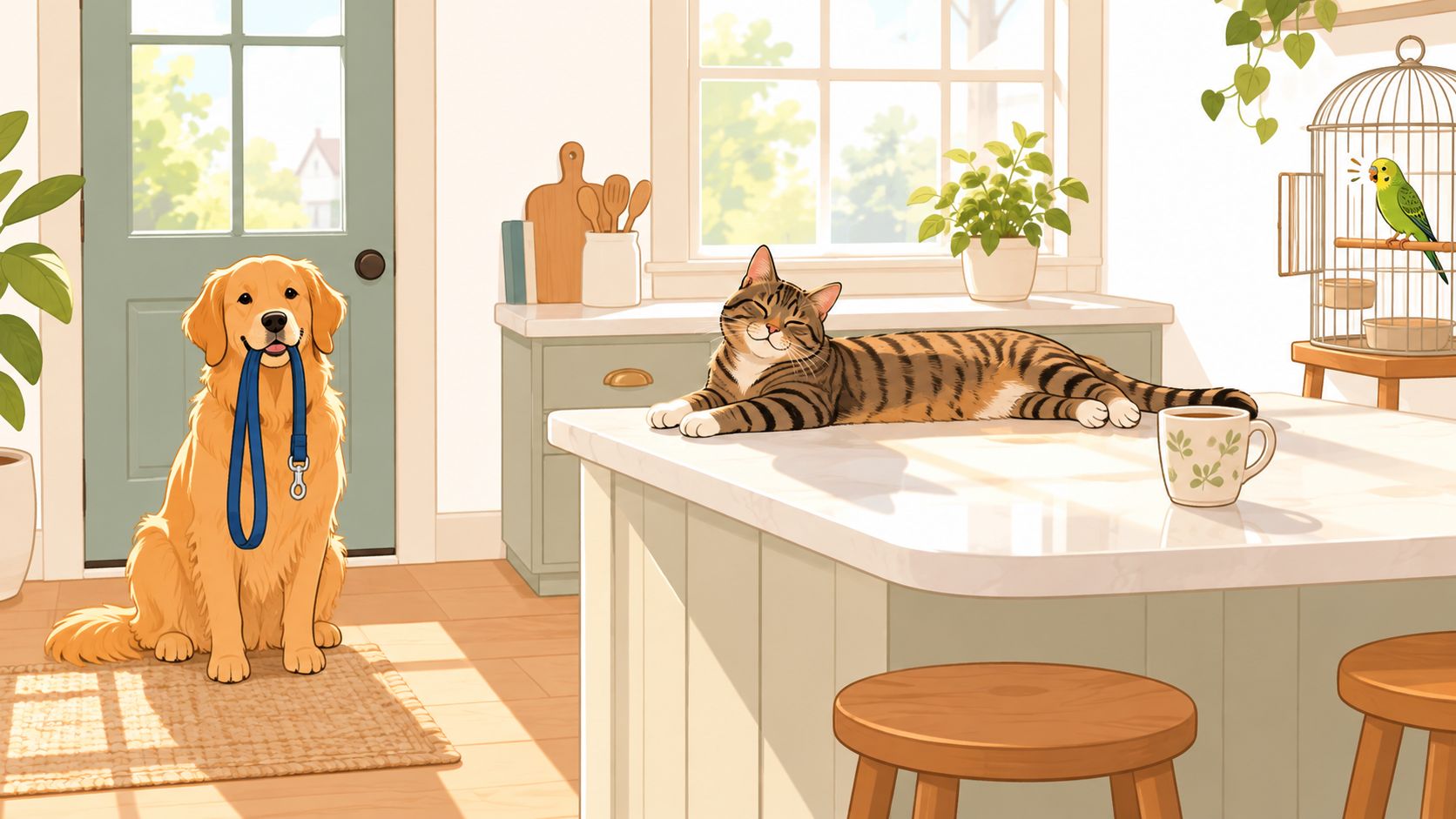 A happy golden retriever holding a leash, a content cat on a counter, and a small green bird.