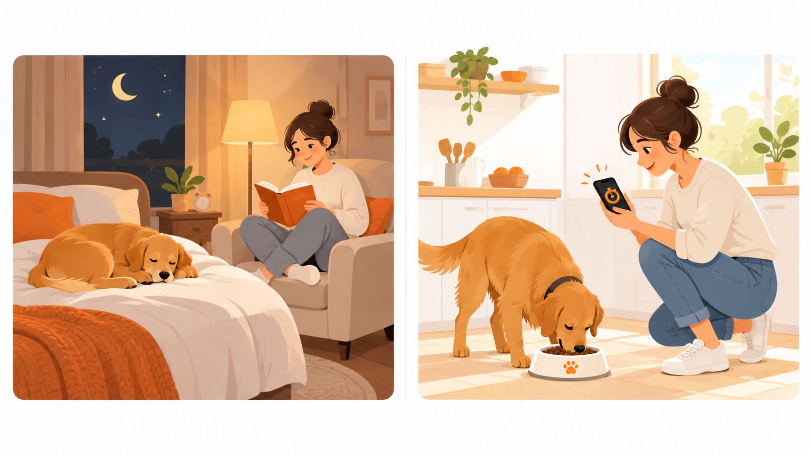 A woman caring for a golden retriever dog by reading at night and feeding it during daytime.