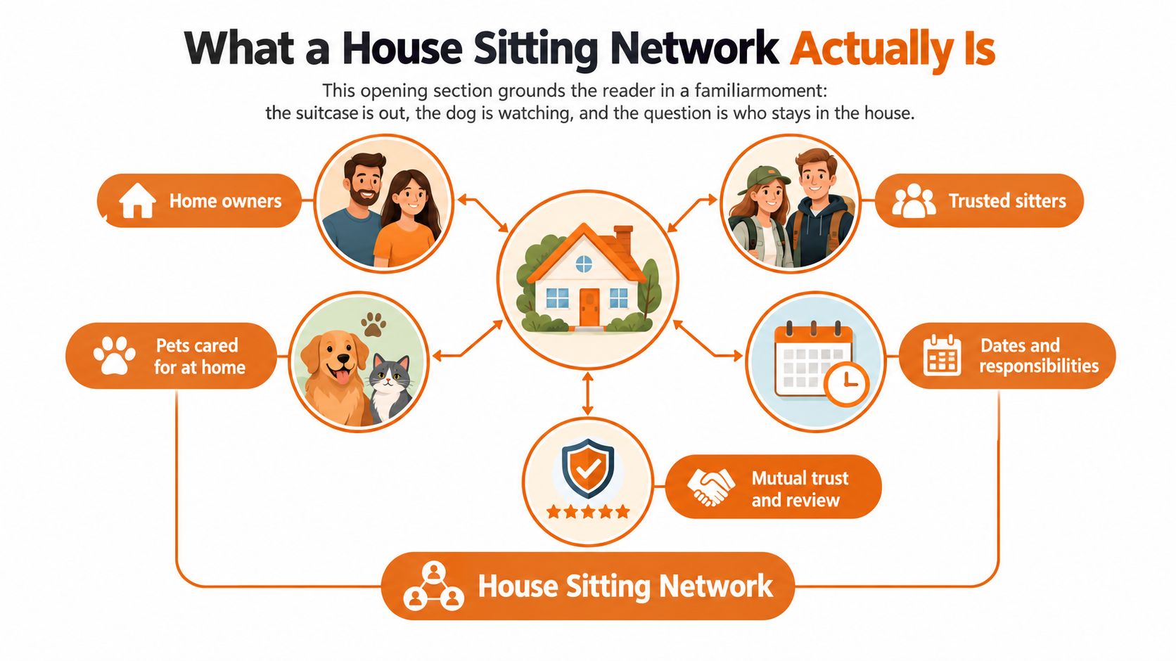 A diagram explaining a house sitting network with home owners, trusted sitters, pets, and scheduling responsibilities.