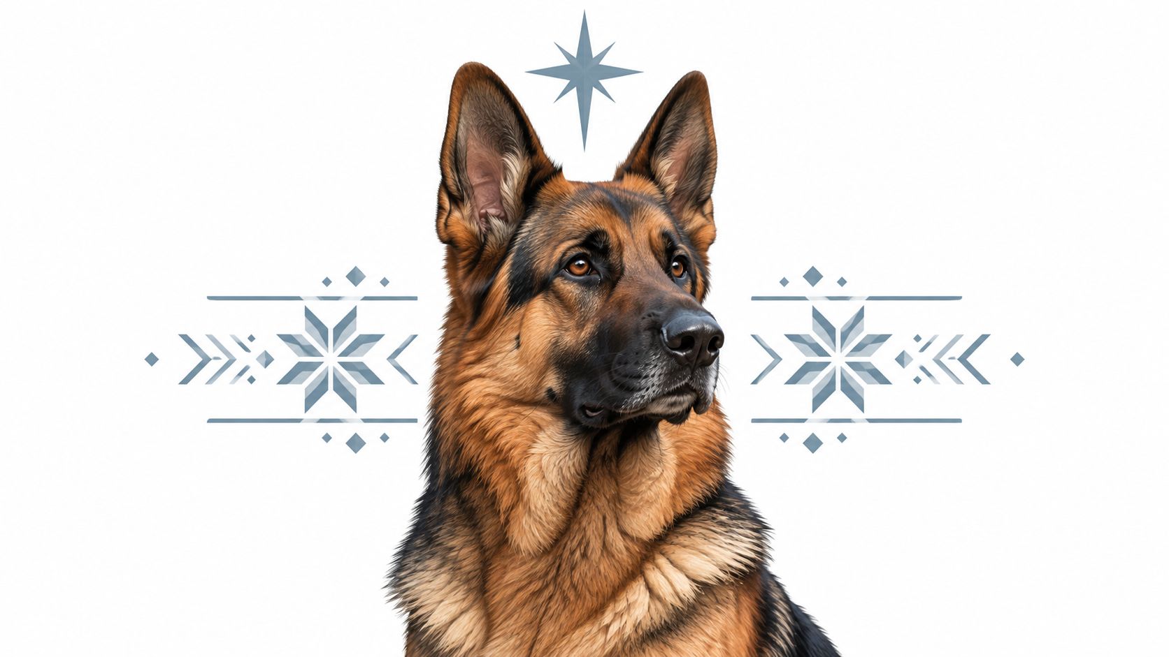 A majestic German Shepherd portrait with elegant blue winter snowflake and star motifs on a white background.