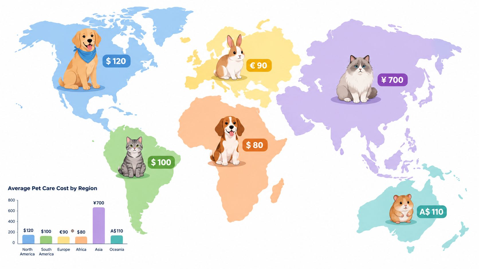 A global map illustration showing average pet care costs in different regions represented by various animals.