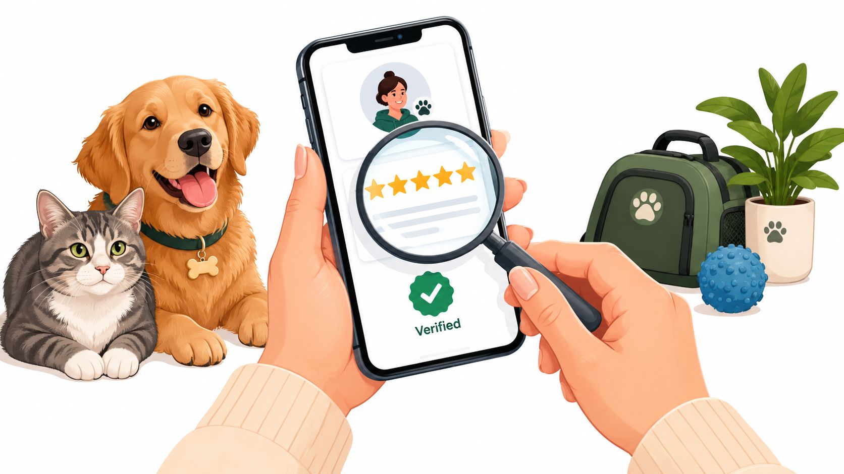 A person using a magnifying glass to check a five-star verified rating on a smartphone screen near pets.