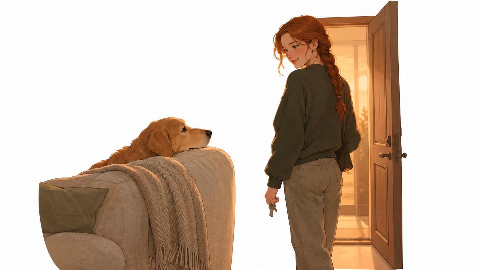 A woman with red hair and keys in her hand entering a home to greet a golden retriever.