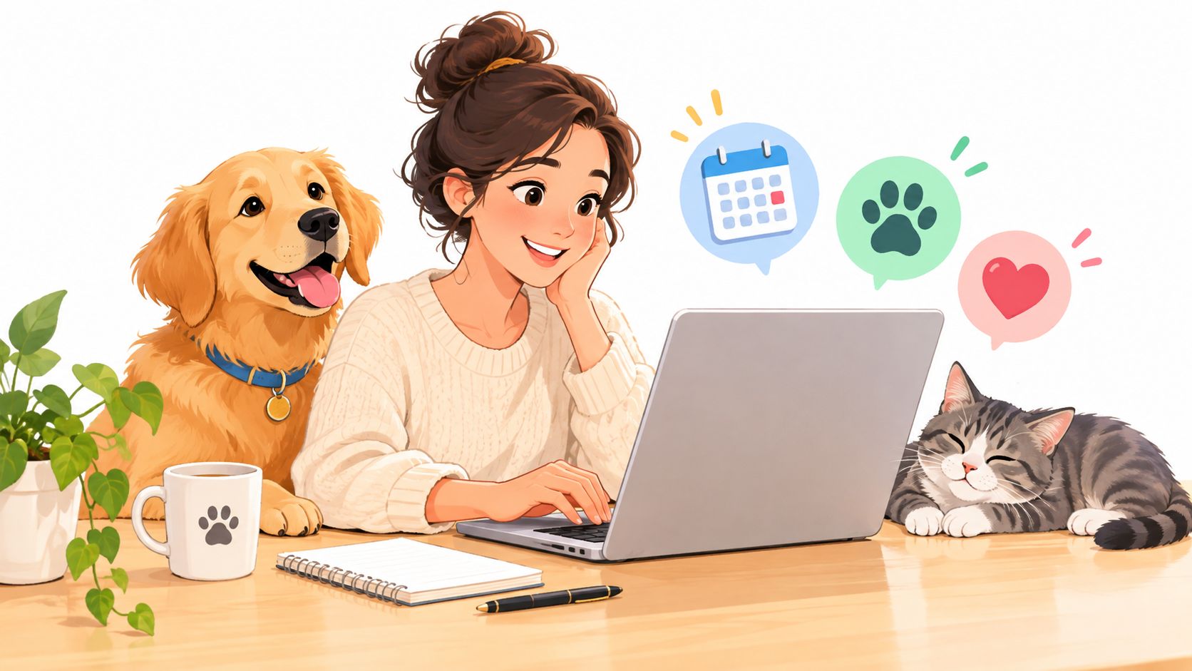A woman working on a laptop with her golden retriever and tabby cat nearby.