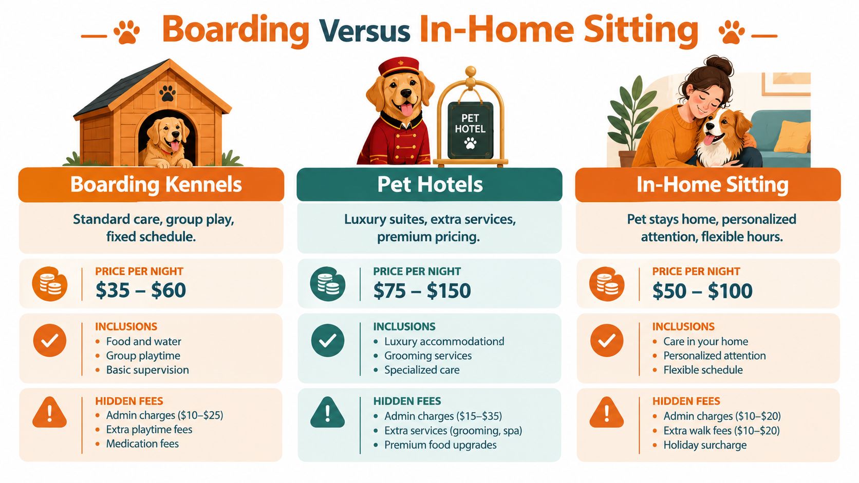 A comparison chart showing pricing and features for pet boarding kennels, pet hotels, and in-home sitting services.