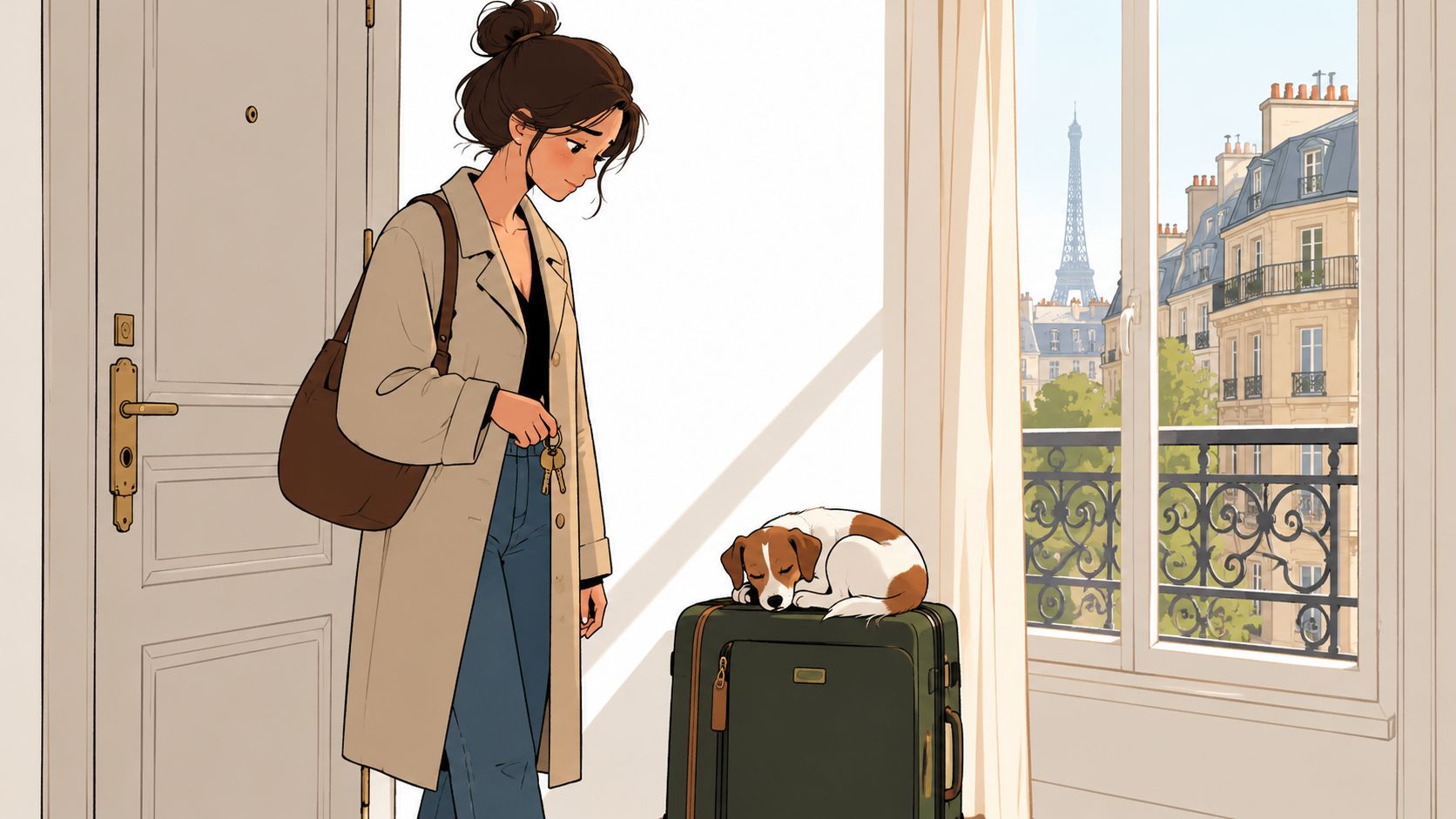 A woman stands by a door holding keys while a puppy sleeps on a travel suitcase in Paris.
