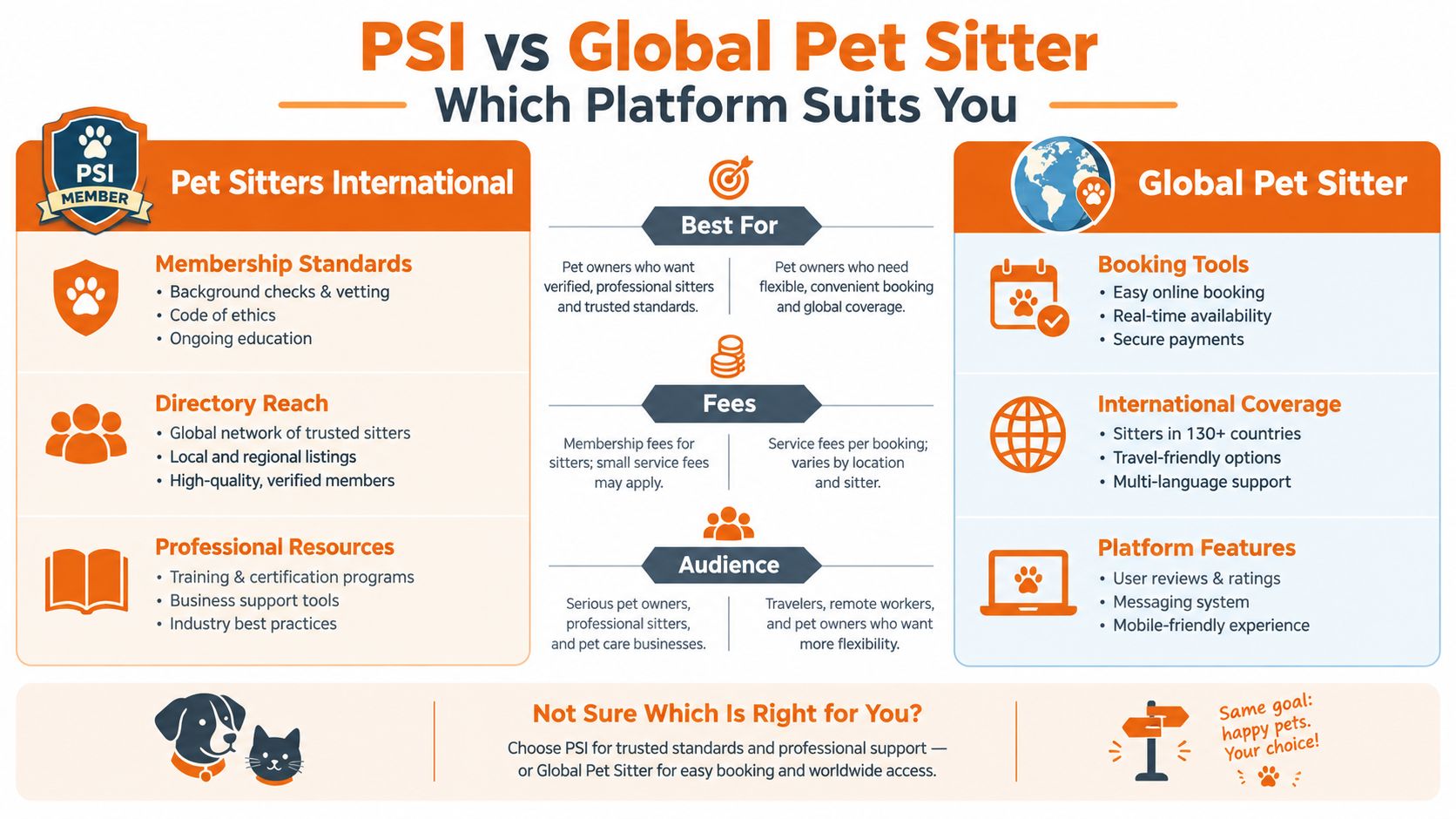 A comparison chart outlining the differences and benefits between Pet Sitters International and Global Pet Sitter platforms.