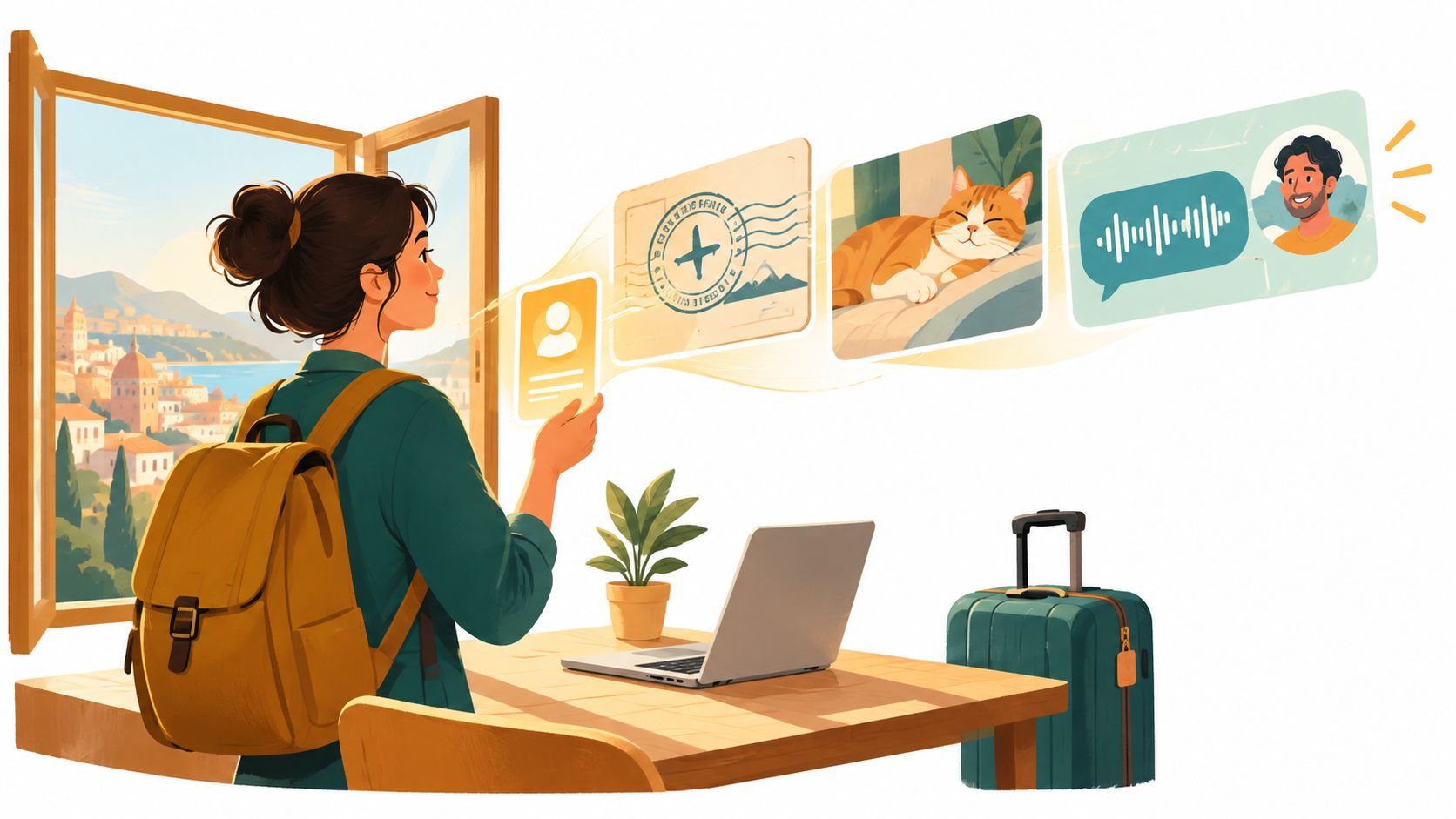 A traveler looking out a window while digital icons of travel and pet sitting float nearby.