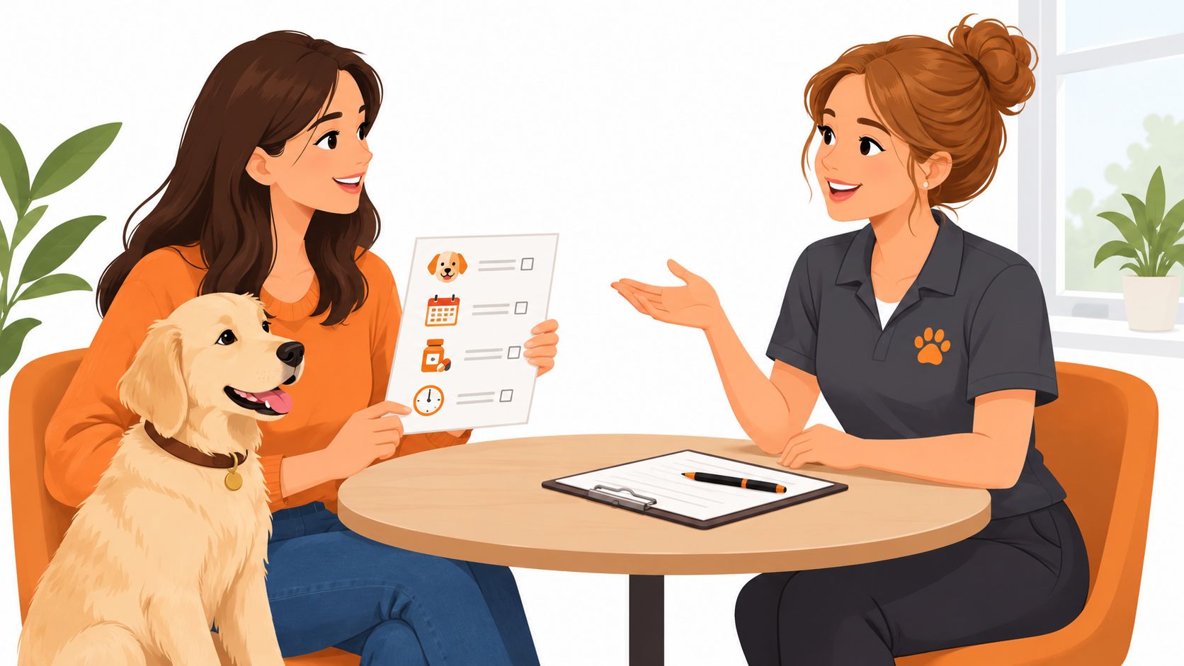 A pet owner with a golden retriever meeting a professional pet sitter to discuss house sitting services.