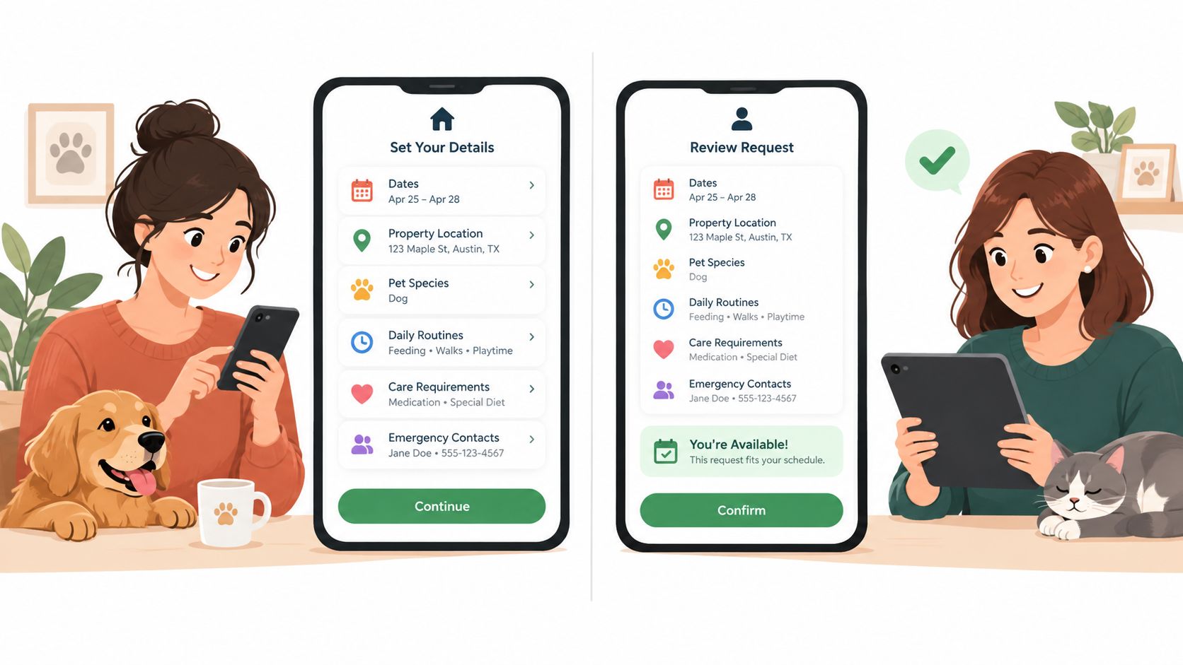A digital illustration showing two women using mobile apps to manage pet care and booking services.
