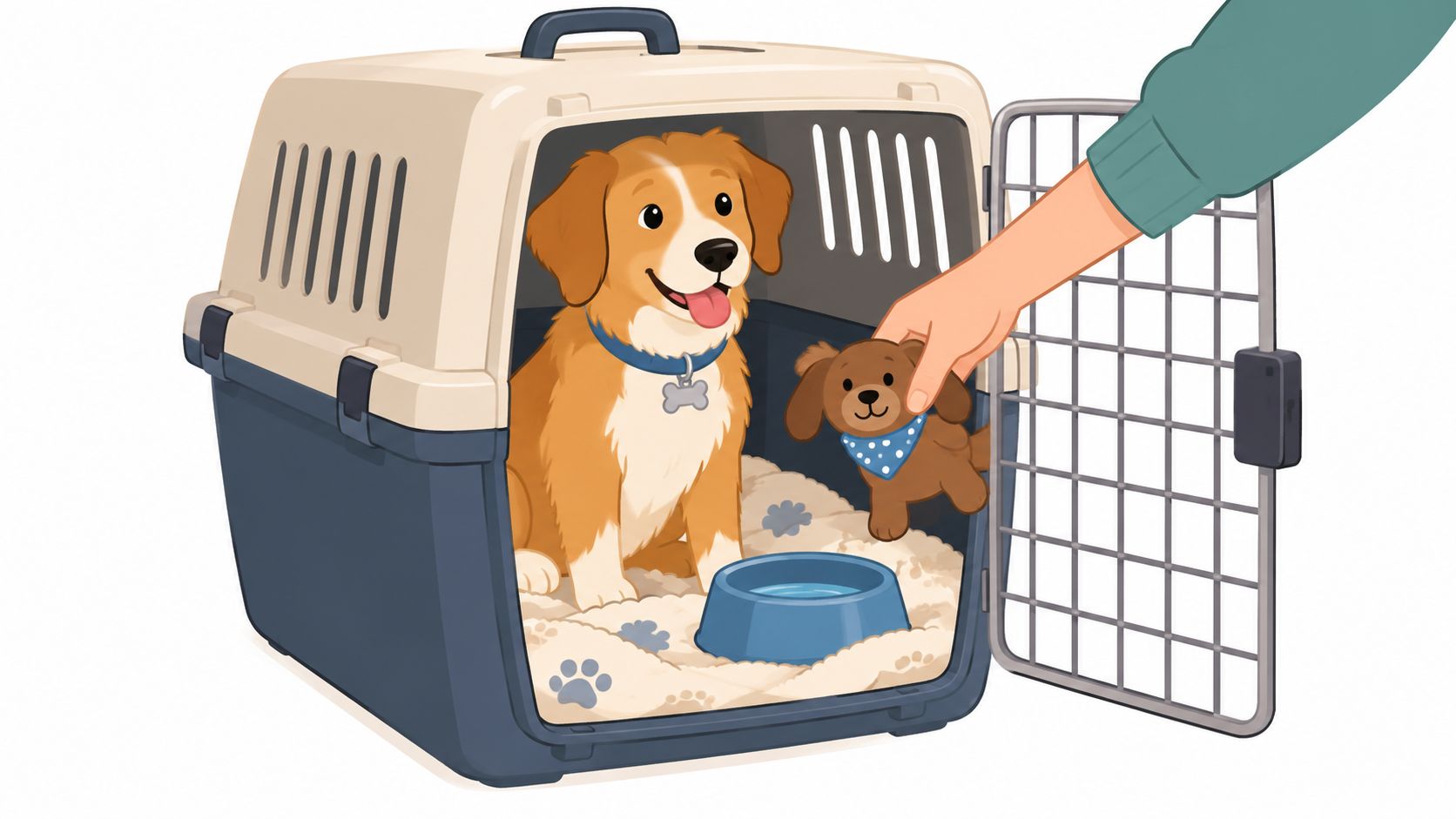 A friendly dog waits inside a pet travel crate while a person offers it a plush toy.