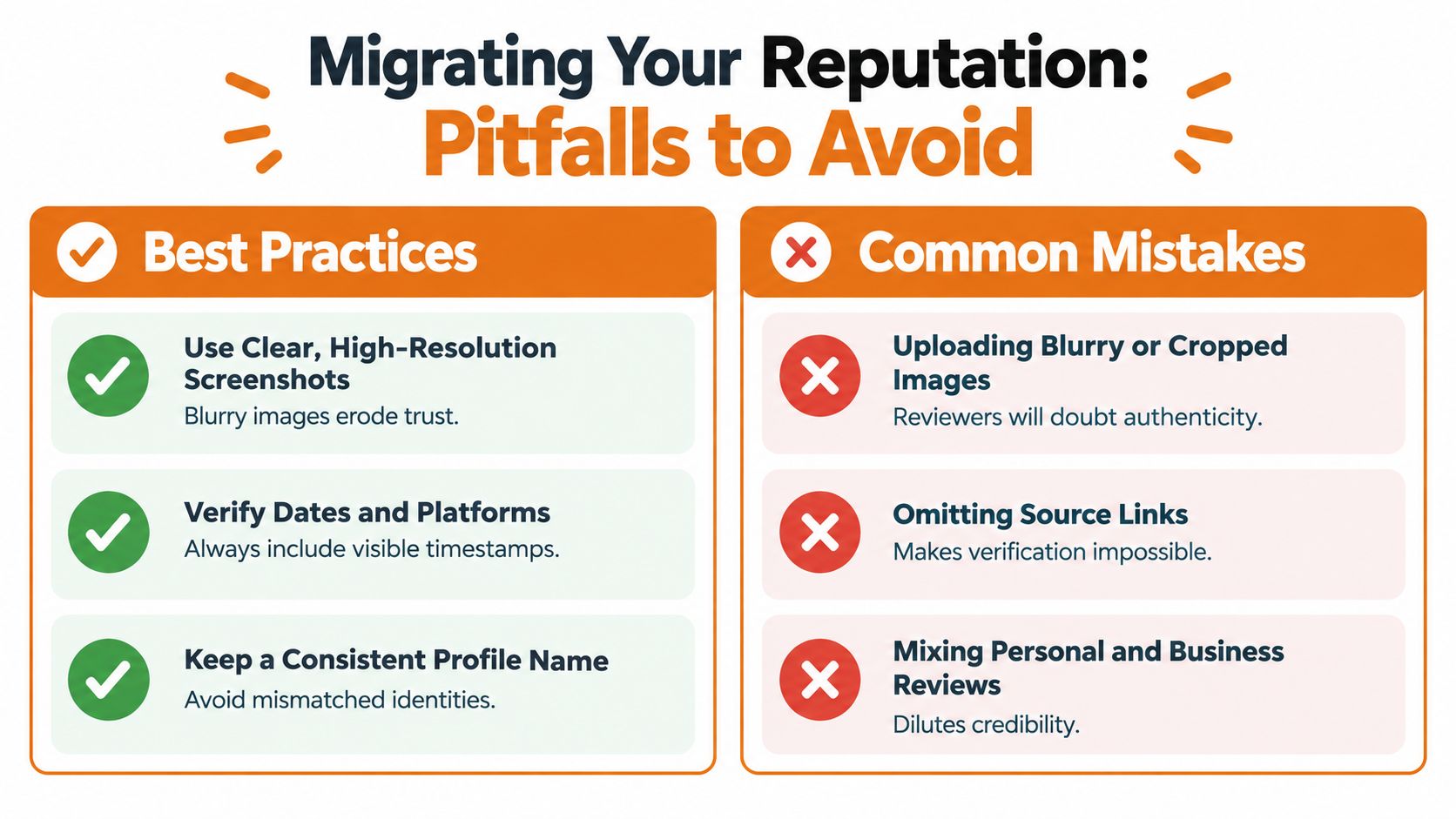 A comparison chart outlining best practices versus common mistakes when migrating online reviews and reputation.