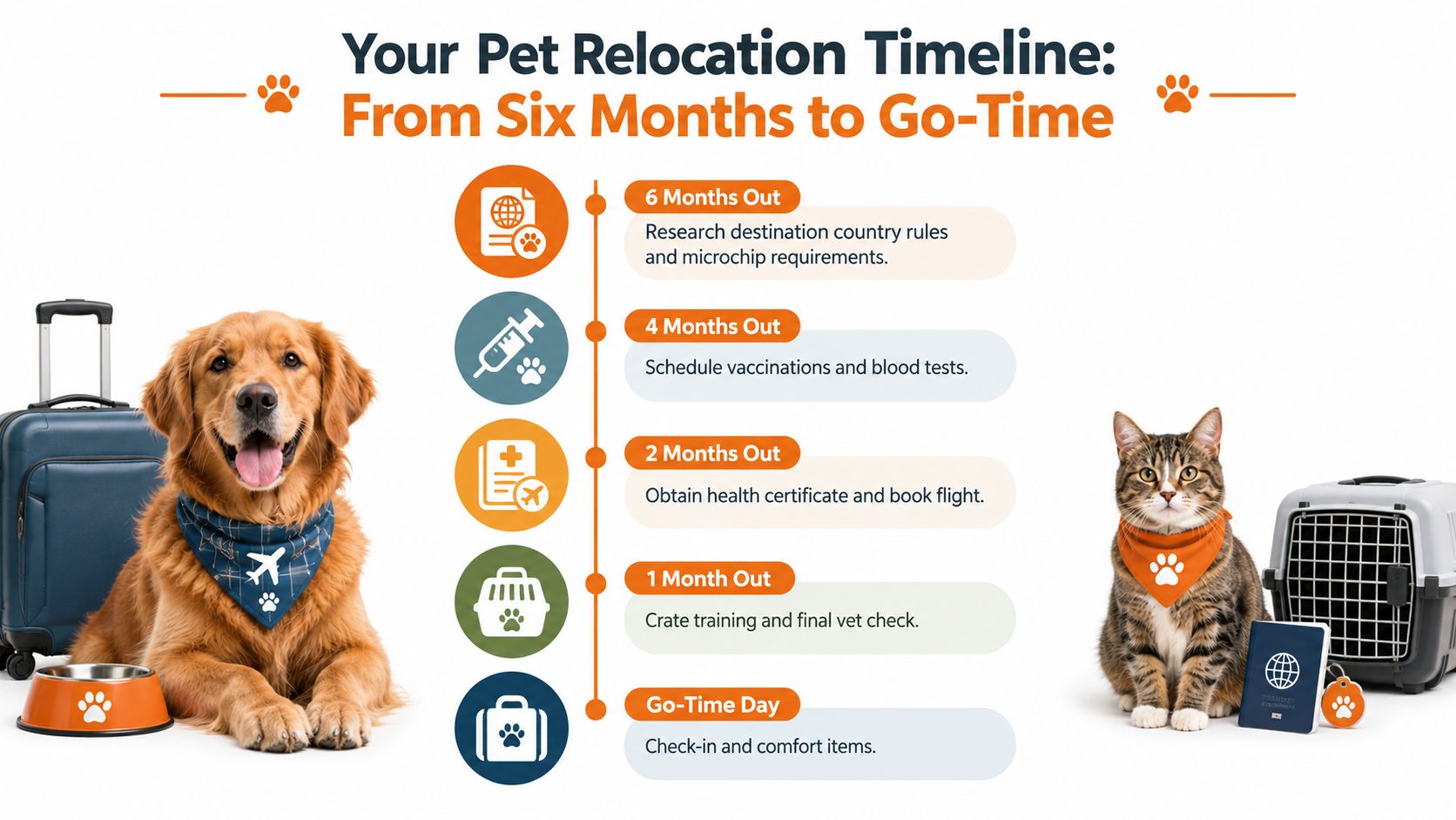A pet relocation timeline infographic displaying tasks from six months before travel until the day of departure.