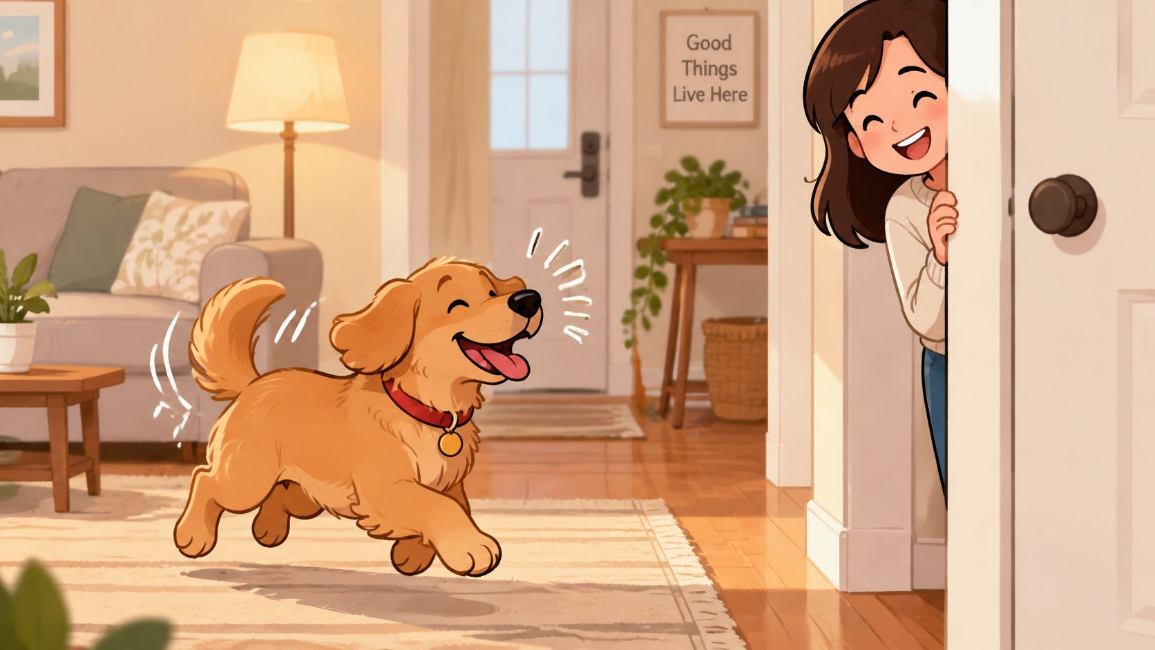 A happy golden retriever dog running towards a smiling young woman peeking around a doorway at home.