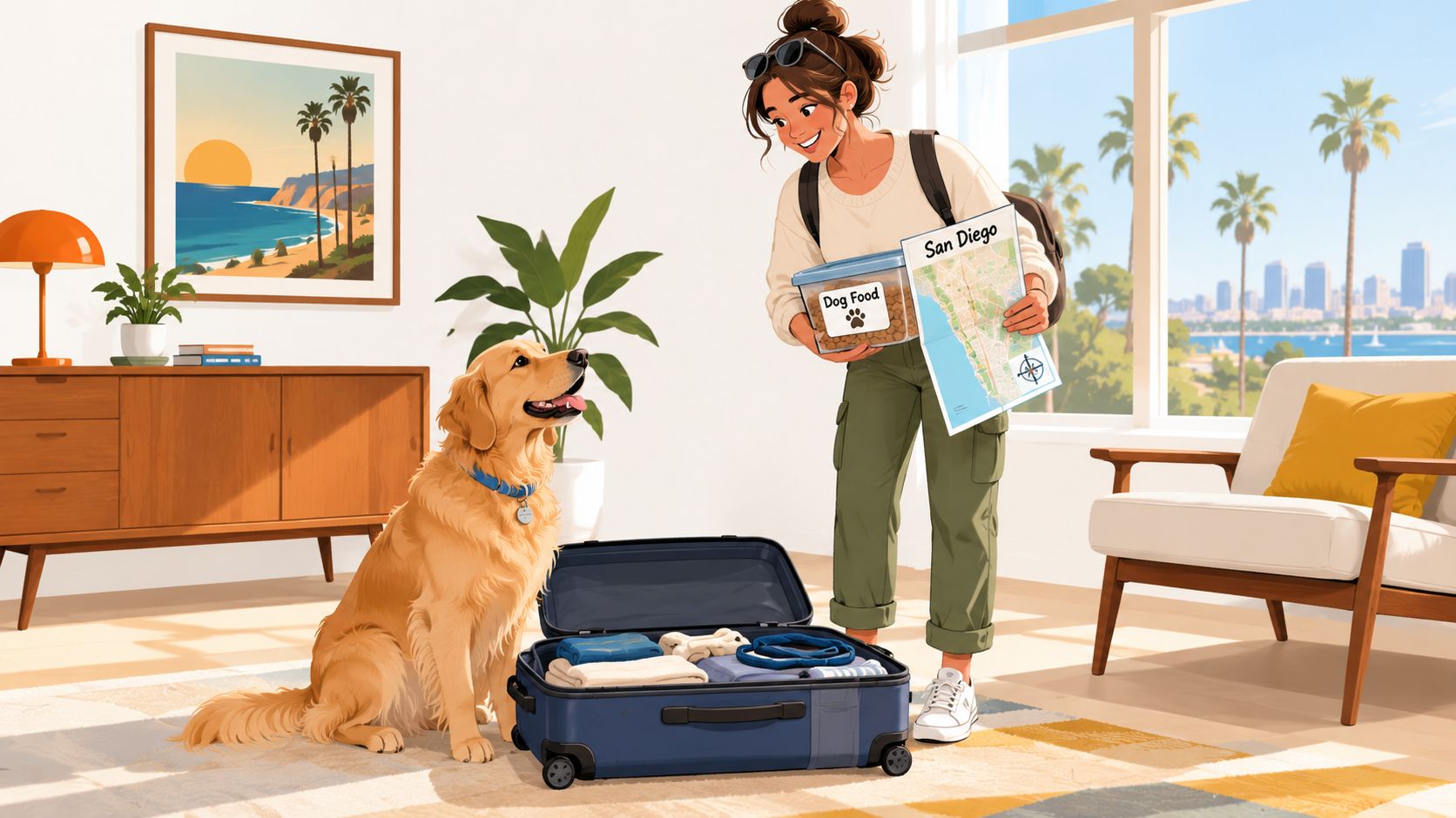 A happy woman packing a suitcase for a trip to San Diego with her golden retriever dog.