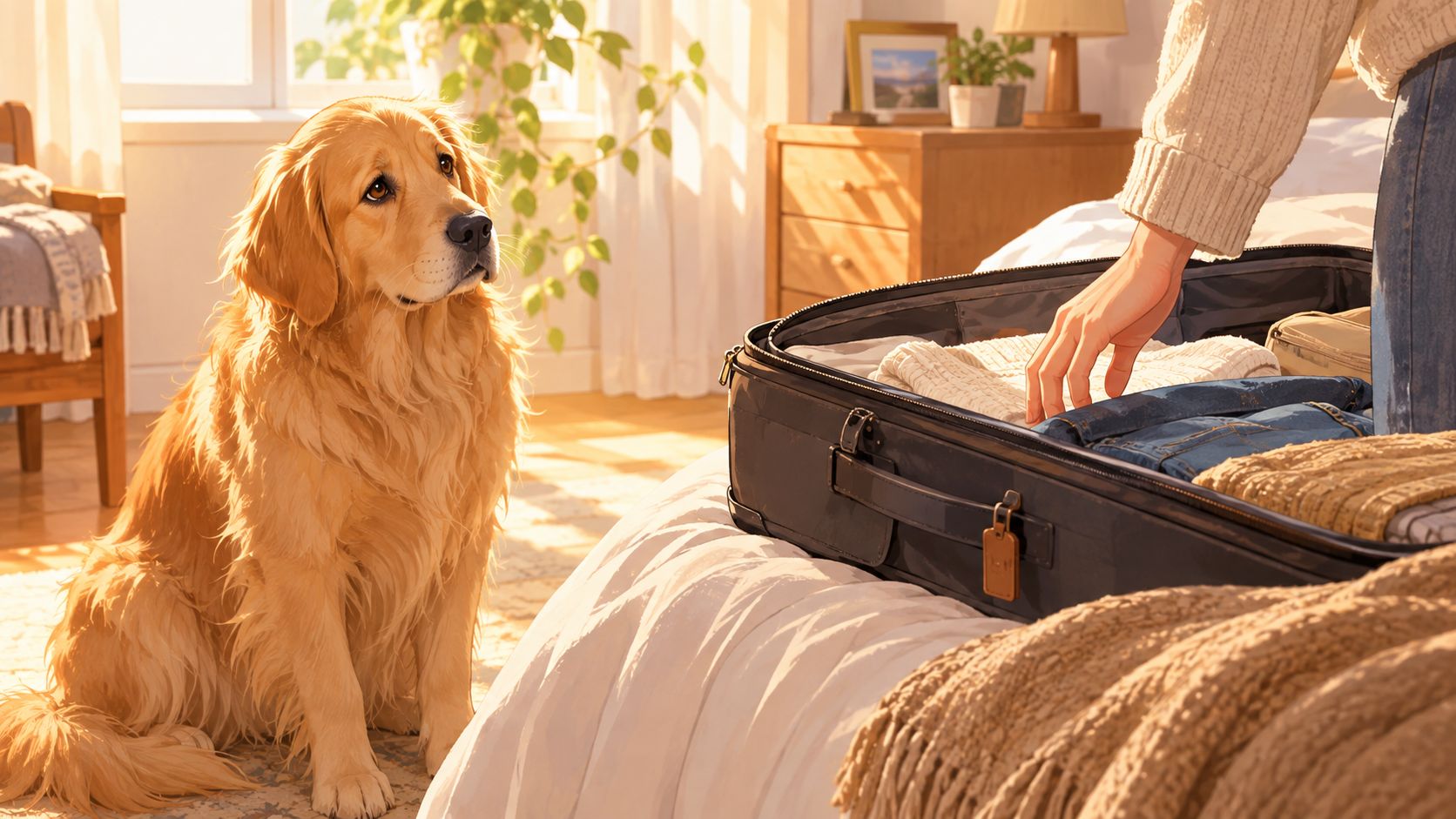A golden retriever sitting on the floor watching someone pack a suitcase for a trip.