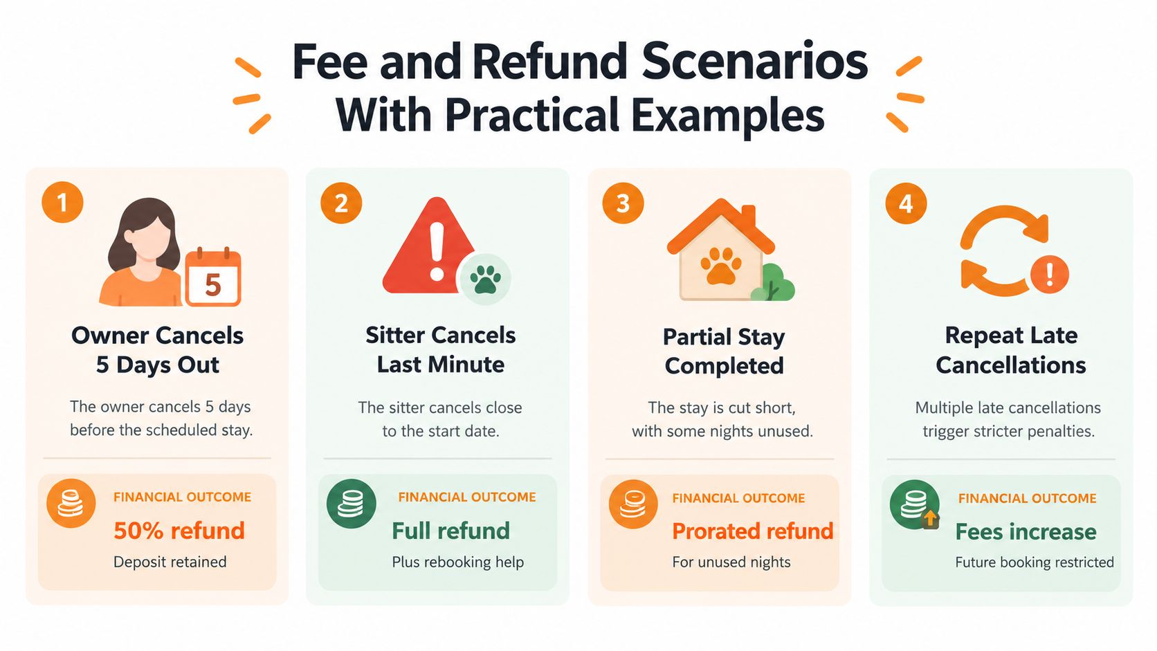 A visual guide outlining four different fee and refund scenarios for pet sitting service cancellations.