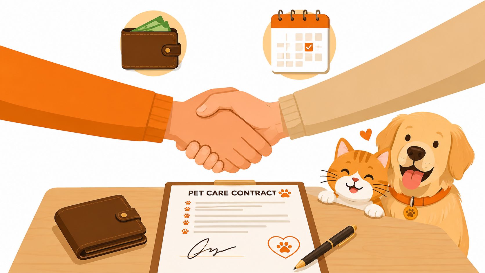 Two people shaking hands over a pet care contract next to a happy dog and cat.