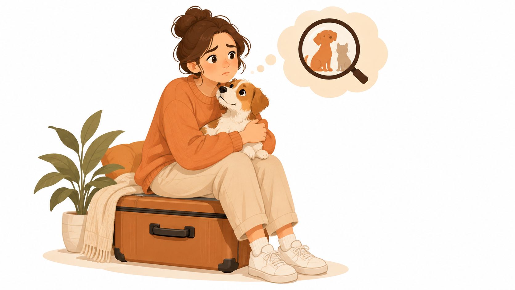 A sad woman sitting on a suitcase holding her dog while thinking about pet care services.