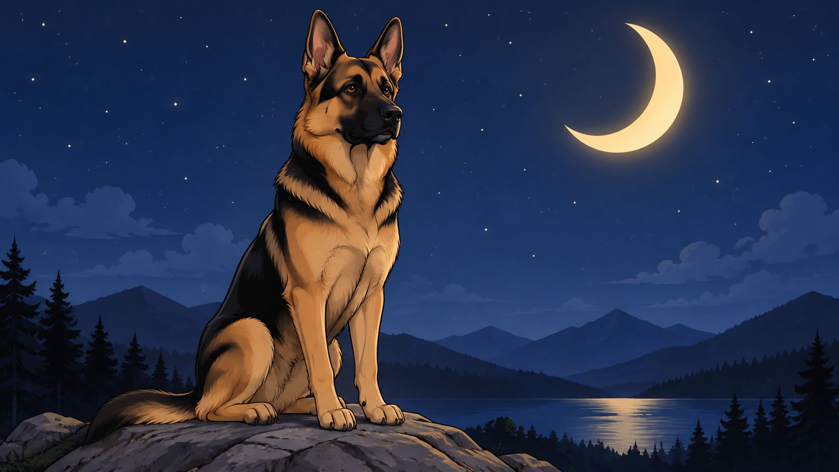 A majestic German Shepherd dog sitting on a rocky cliff under a crescent moonlit night sky.