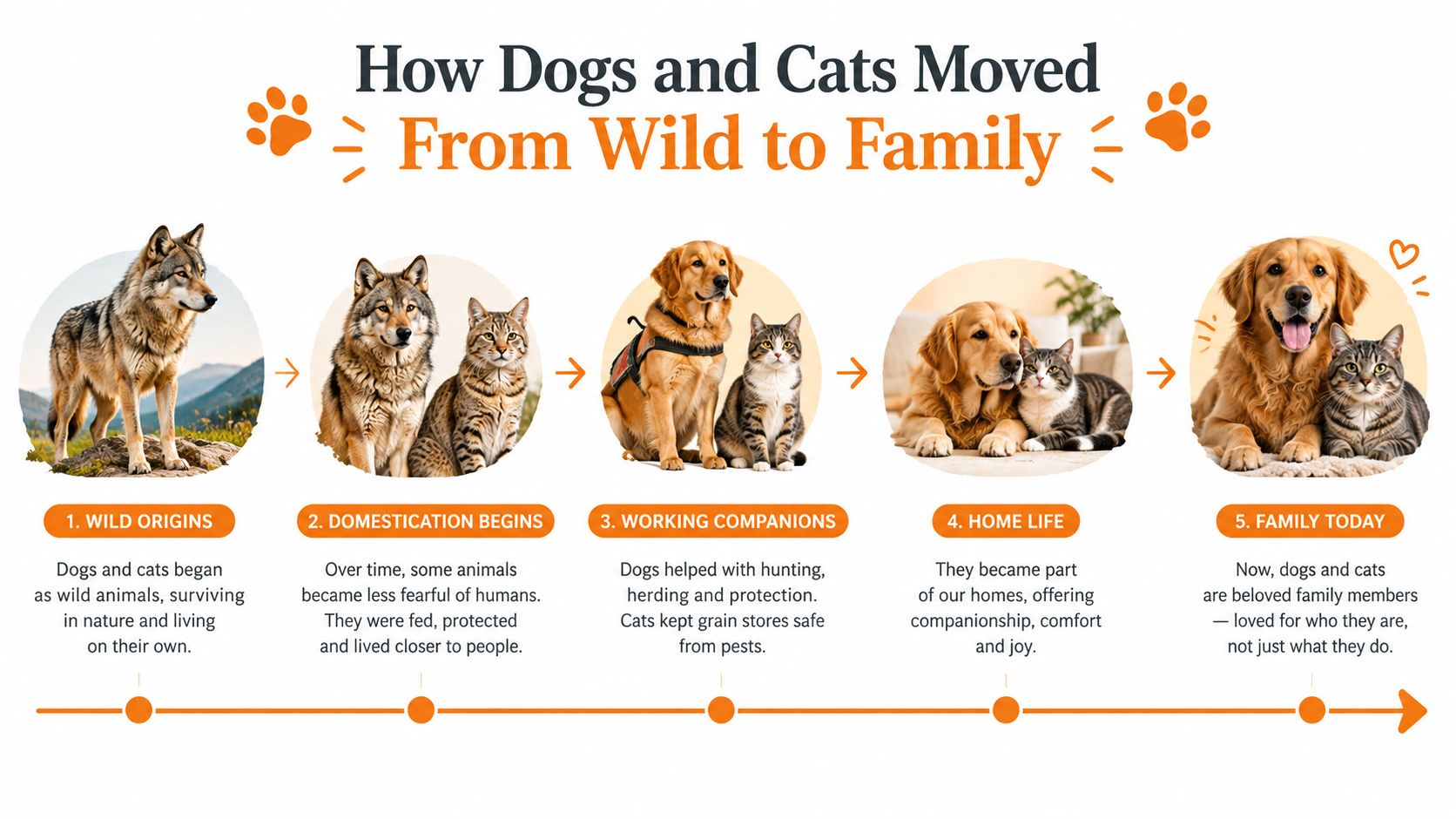 An infographic showing the five-stage evolution of dogs and cats from wild animals to beloved family pets.