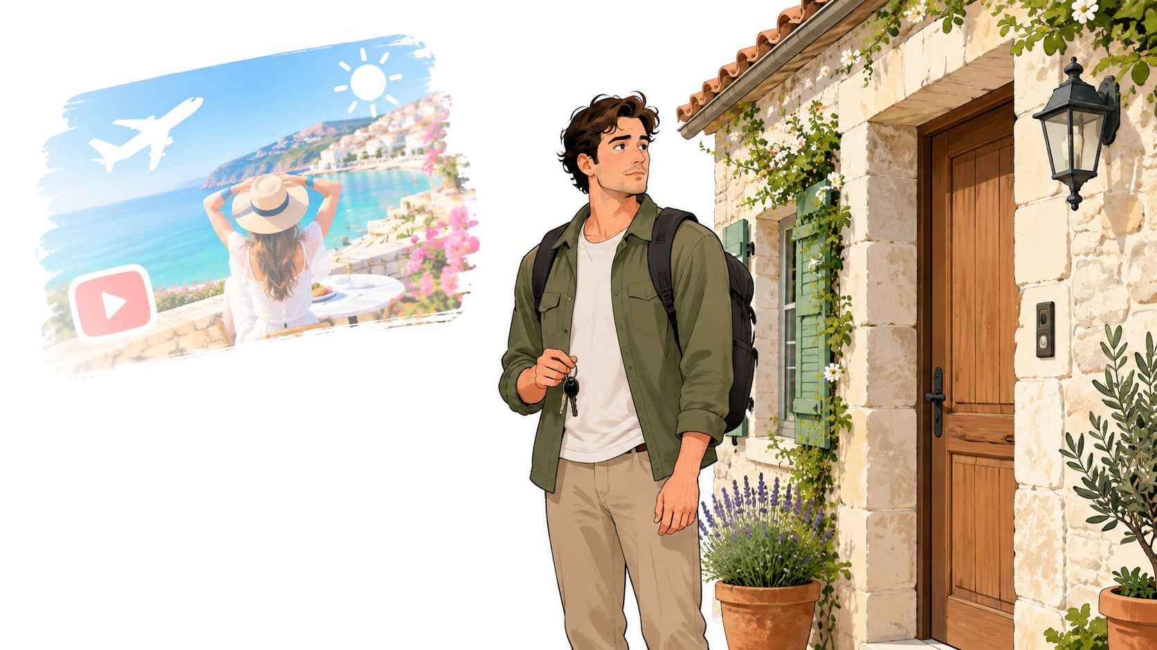 A young man holding keys stands in front of a French stone house while imagining a vacation.