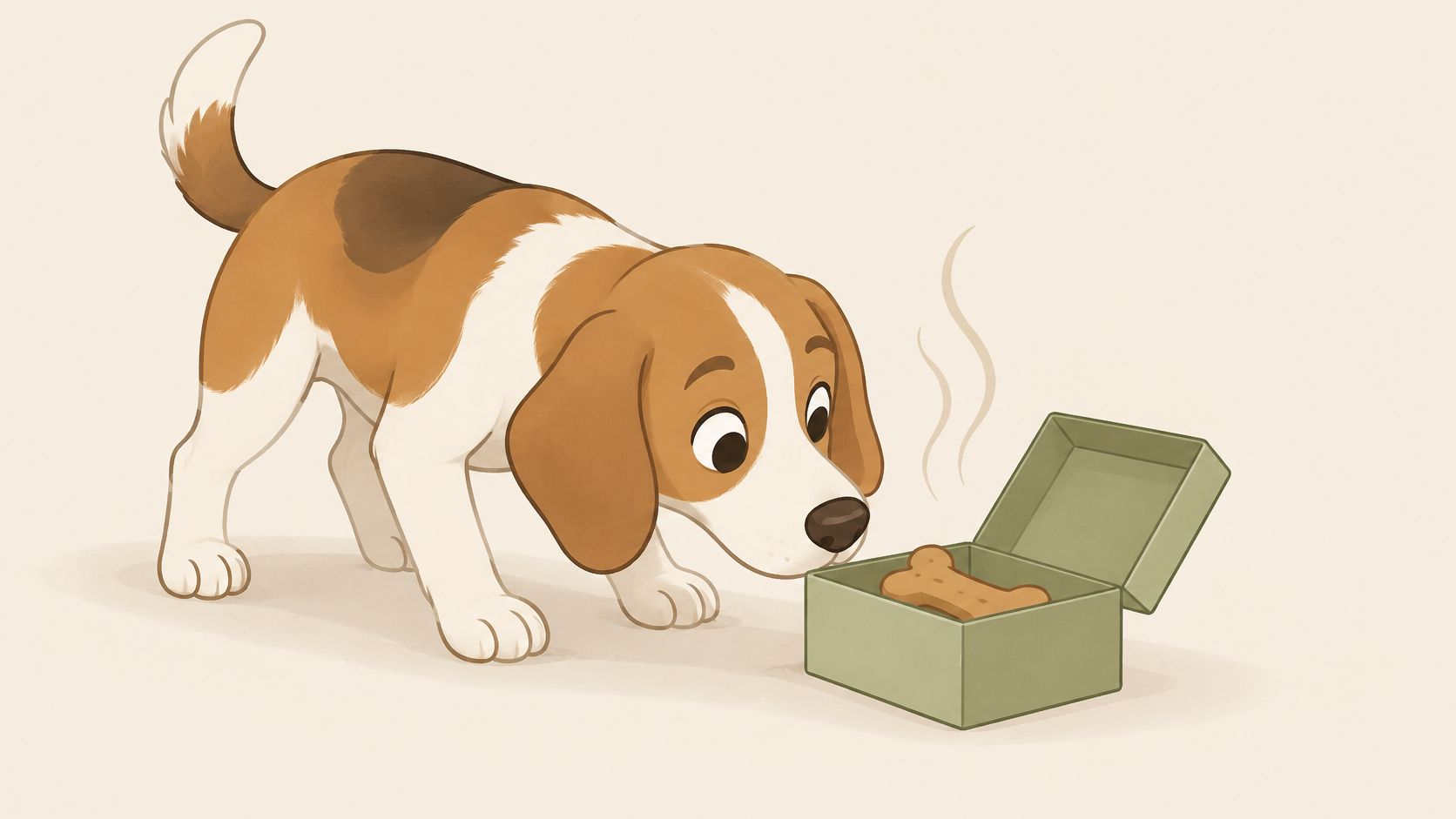 A cute beagle puppy curiously sniffing a bone-shaped treat inside an open green gift box.