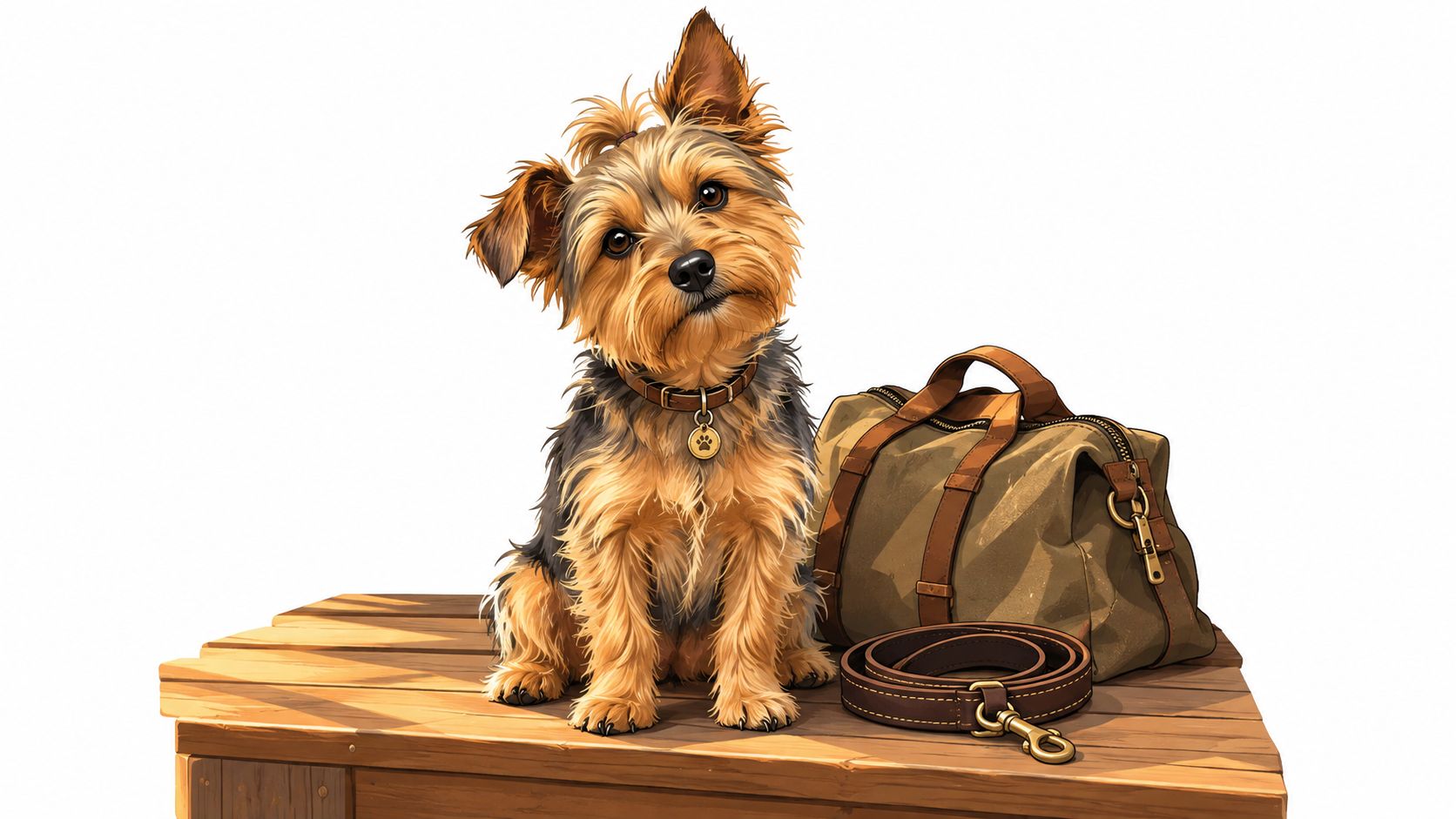 A cute small Yorkshire Terrier sitting on a wooden crate next to a travel bag and leash.