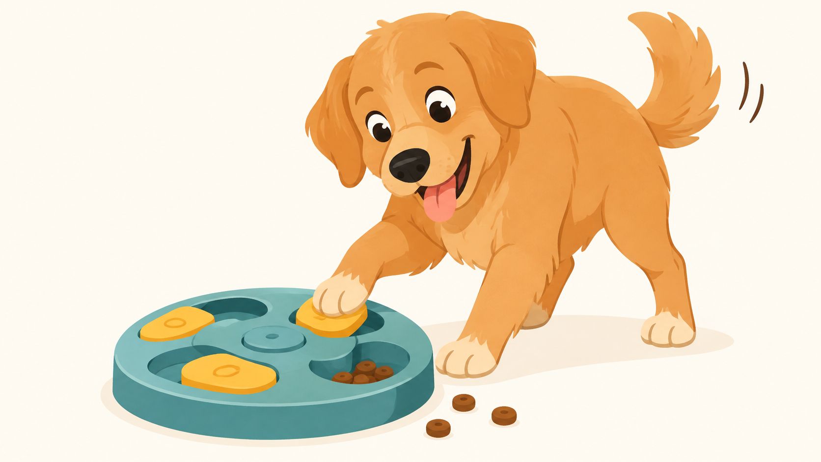 A happy golden retriever puppy playing with an interactive puzzle dog toy filled with small treats.