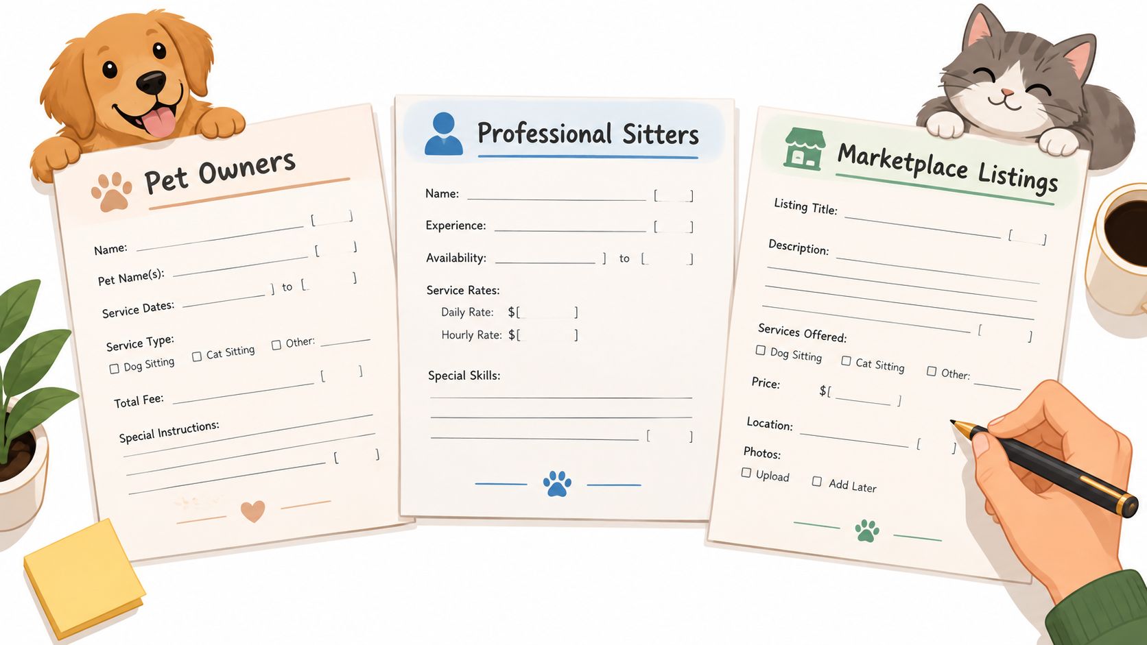 A hand filling out pet sitting forms on three separate papers with illustrations of a dog and cat.