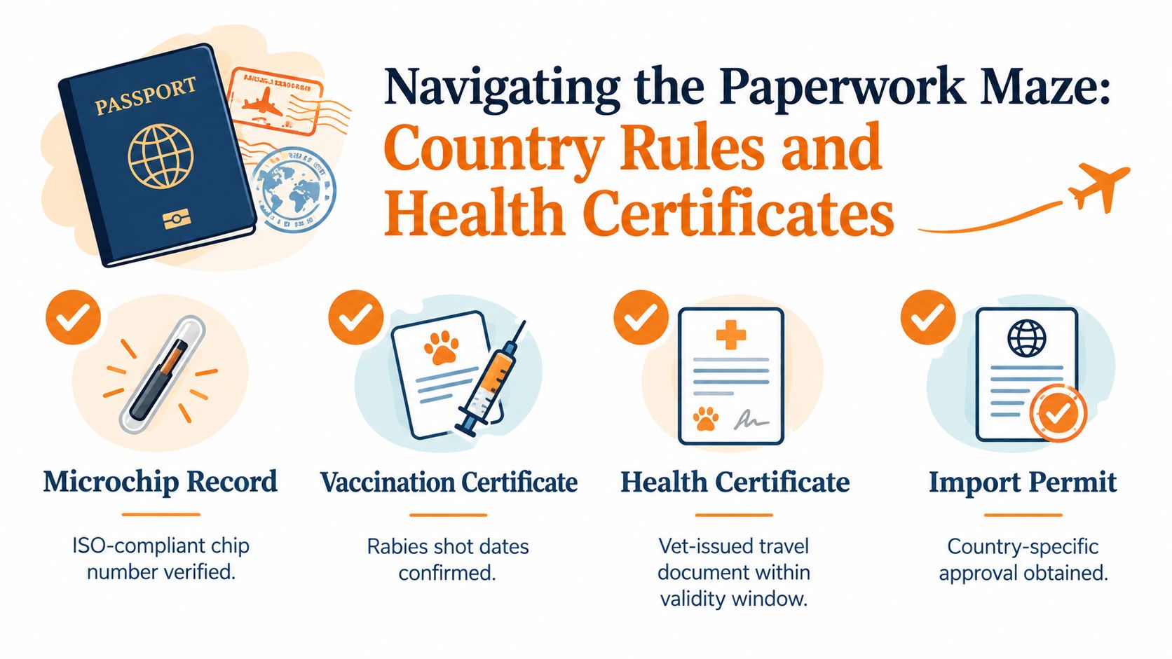 An infographic showing four essential documents for international pet travel, including microchip, vaccination, health certificates, and permits.