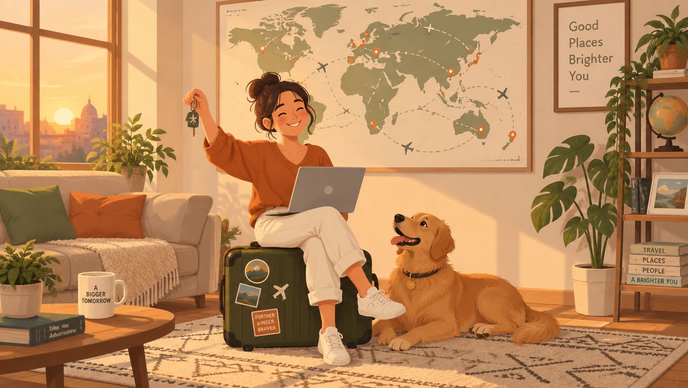 A smiling woman sits on her luggage with a laptop and dog, holding a key for travel.