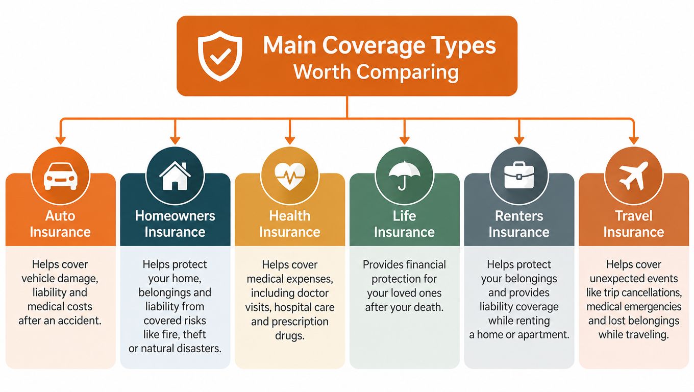 A diagram outlining six main types of insurance coverage worth comparing for personal financial protection and planning.