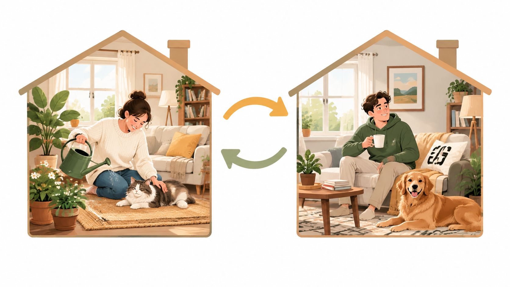 A woman with a cat and a man with a dog exchange homes for vacation.