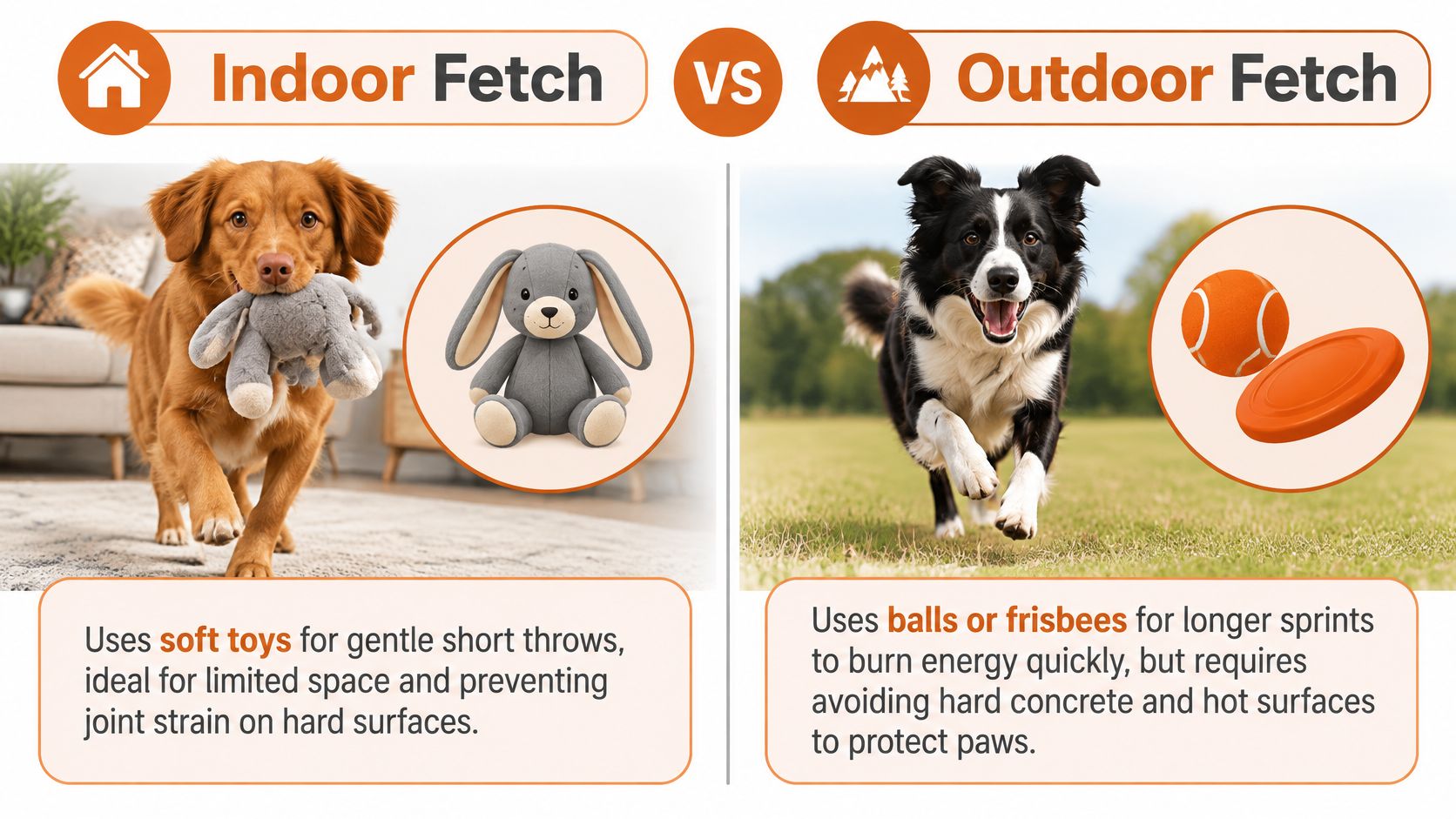 A comparison graphic showing a dog playing indoor fetch with soft toys versus outdoor fetch with balls.