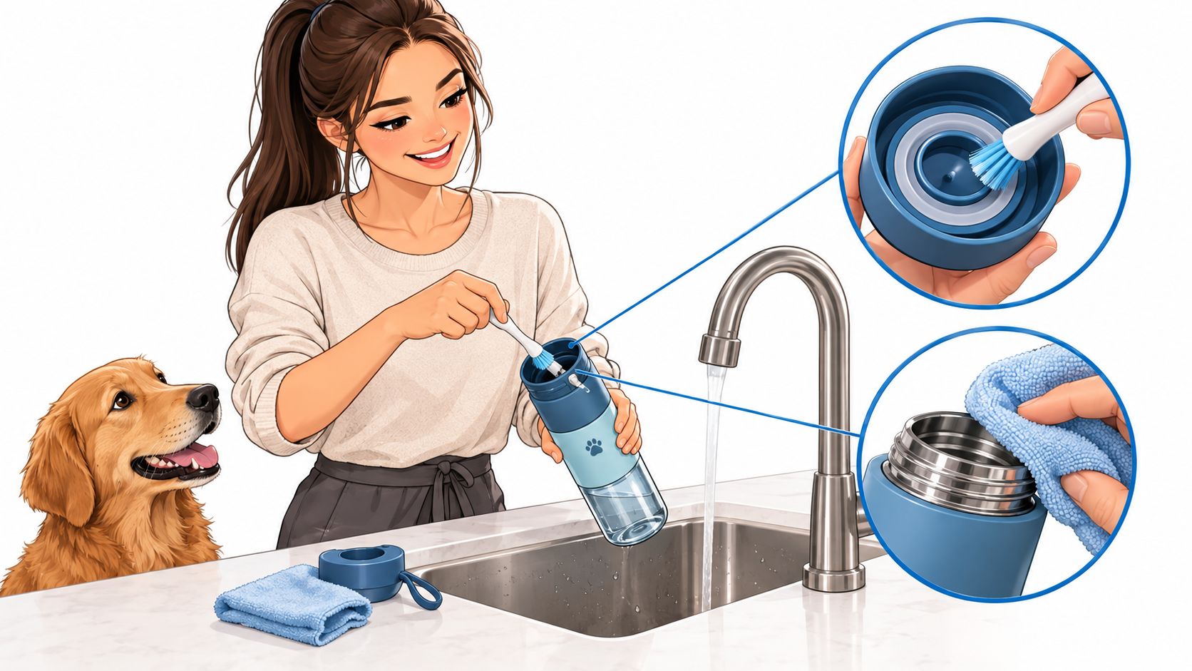 A woman cleaning a portable pet water bottle in a sink with a dog watching nearby.