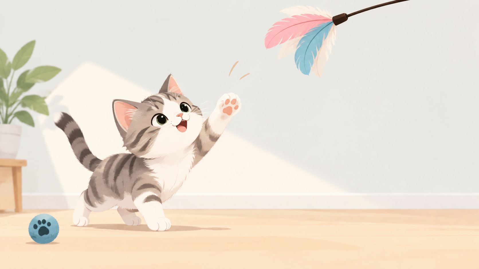 A cute tabby kitten happily playing with a colorful feather toy wand in a bright room.