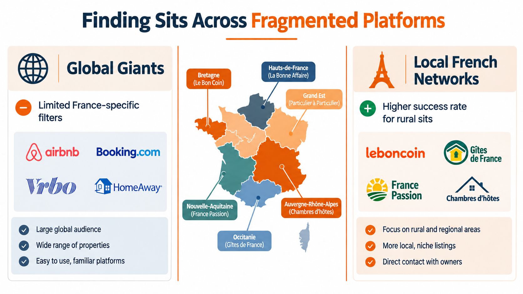 A comparison chart showing how to find house sitting opportunities across global and local French platforms.
