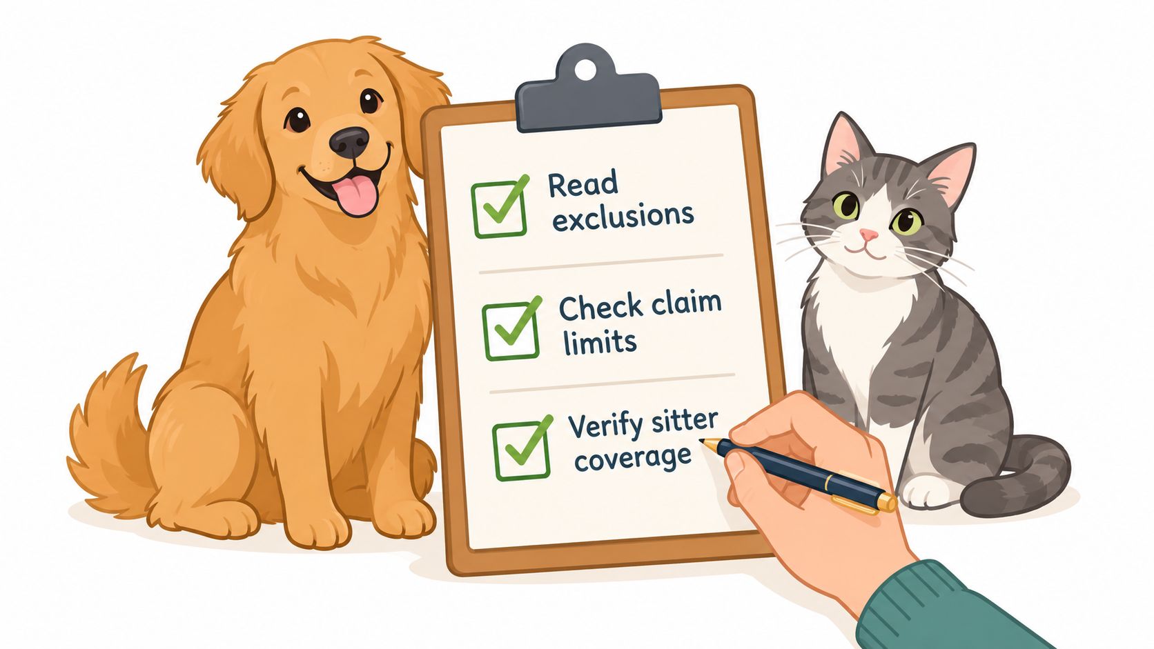 A friendly golden retriever and a tabby cat watching a person check off pet insurance coverage list.
