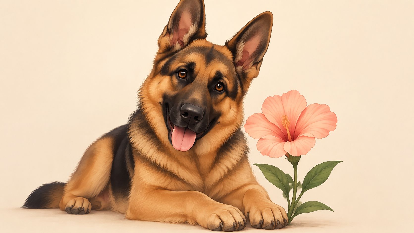 A happy German Shepherd dog lying on the floor next to a beautiful pink tropical flower.