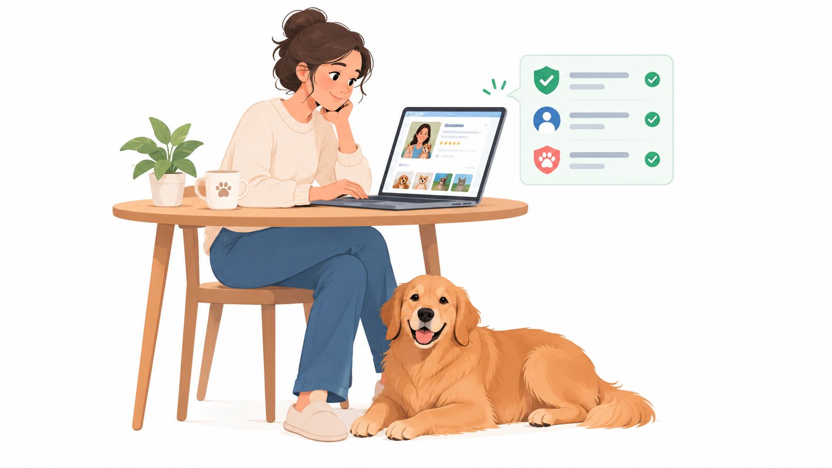 A woman using her laptop to research pet sitters with her golden retriever dog sitting nearby.