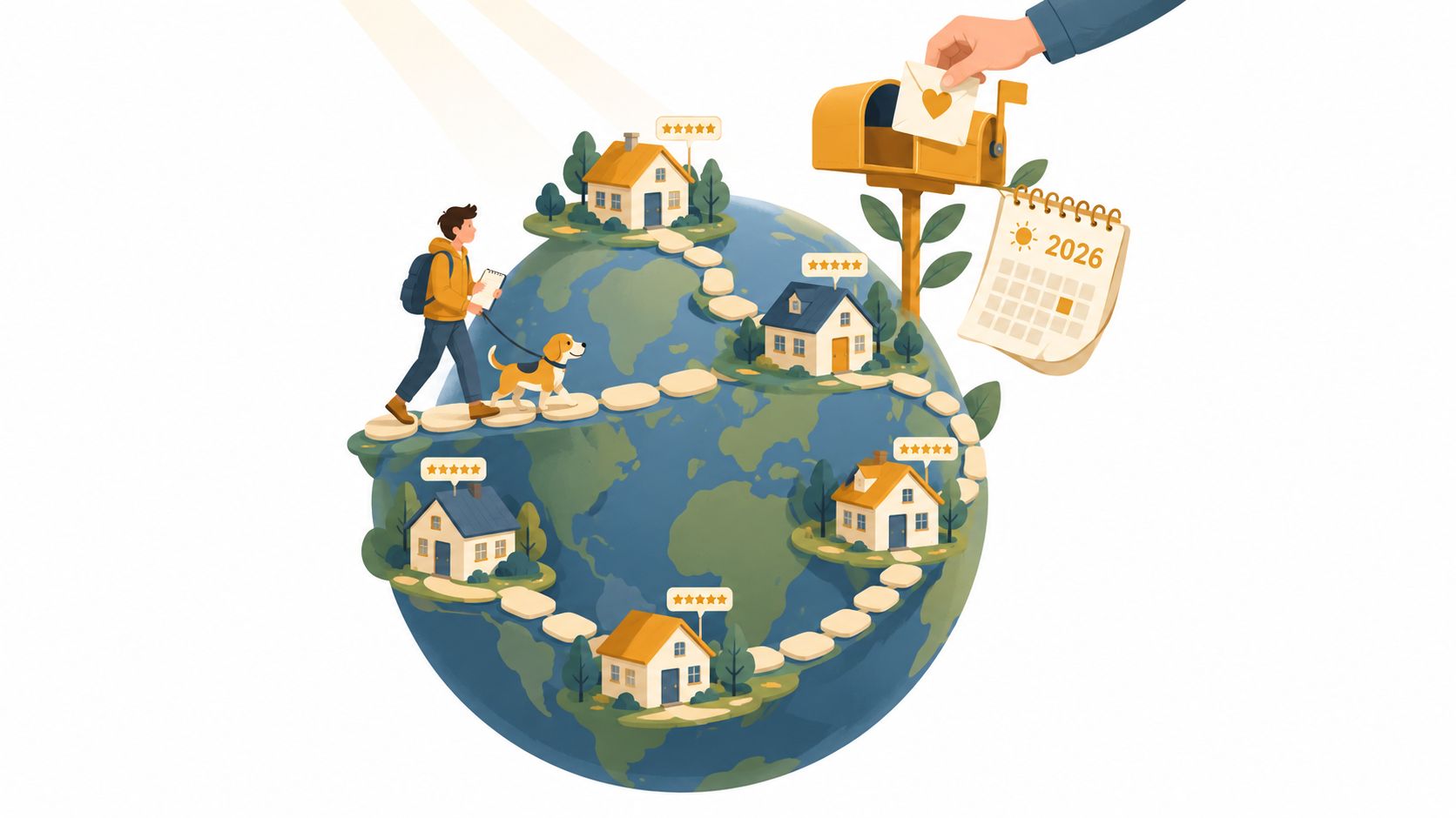 A traveler walking a dog across a globe connecting several house-sitting locations with a calendar for 2026.