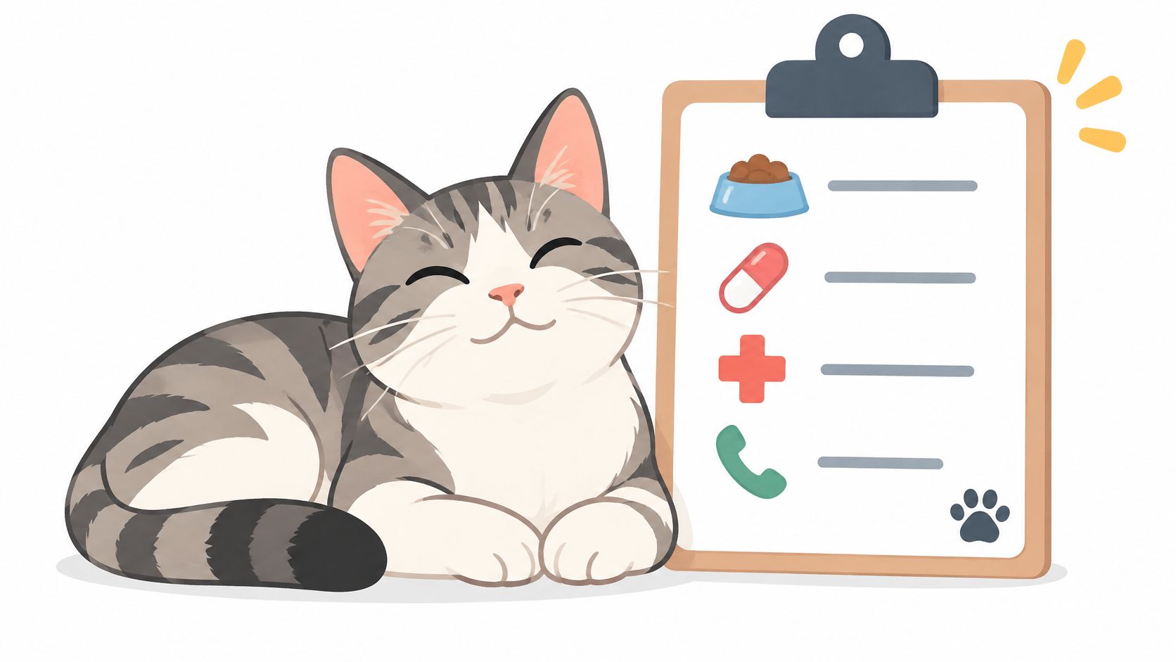 A happy tabby cat lying next to a clipboard with medical and care icons for pet planning.